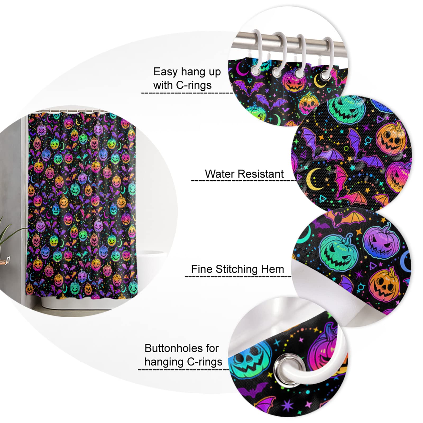 **4-Piece Halloween Pumpkin Grimace Bat Bathroom Mat Set - Non-Slip Shower Curtain, Toilet Seat Cover & Large Rugs (72x72in) - Spooky Bathroom Decor for Halloween & Fall Season**