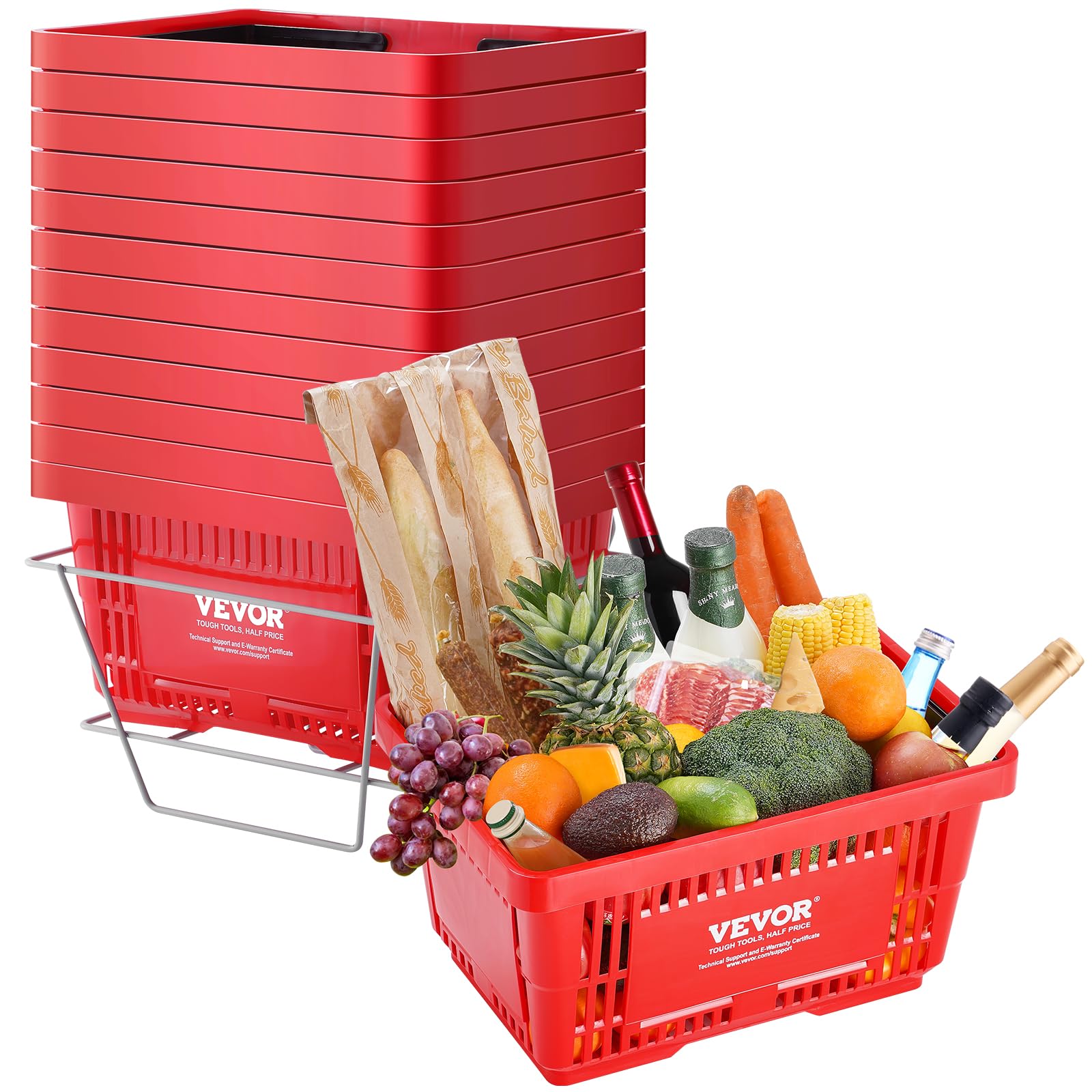 VEVOR 12-Pack Plastic Shopping Baskets with Handles - 24L Durable Grocery Baskets for Retail Stores, Supermarkets & Shopping - 16.73 x 11.61 x 8.86 Inches (Red) - Perfect for Checkout Counters, Produce Display & Bulk Shopping Organization
