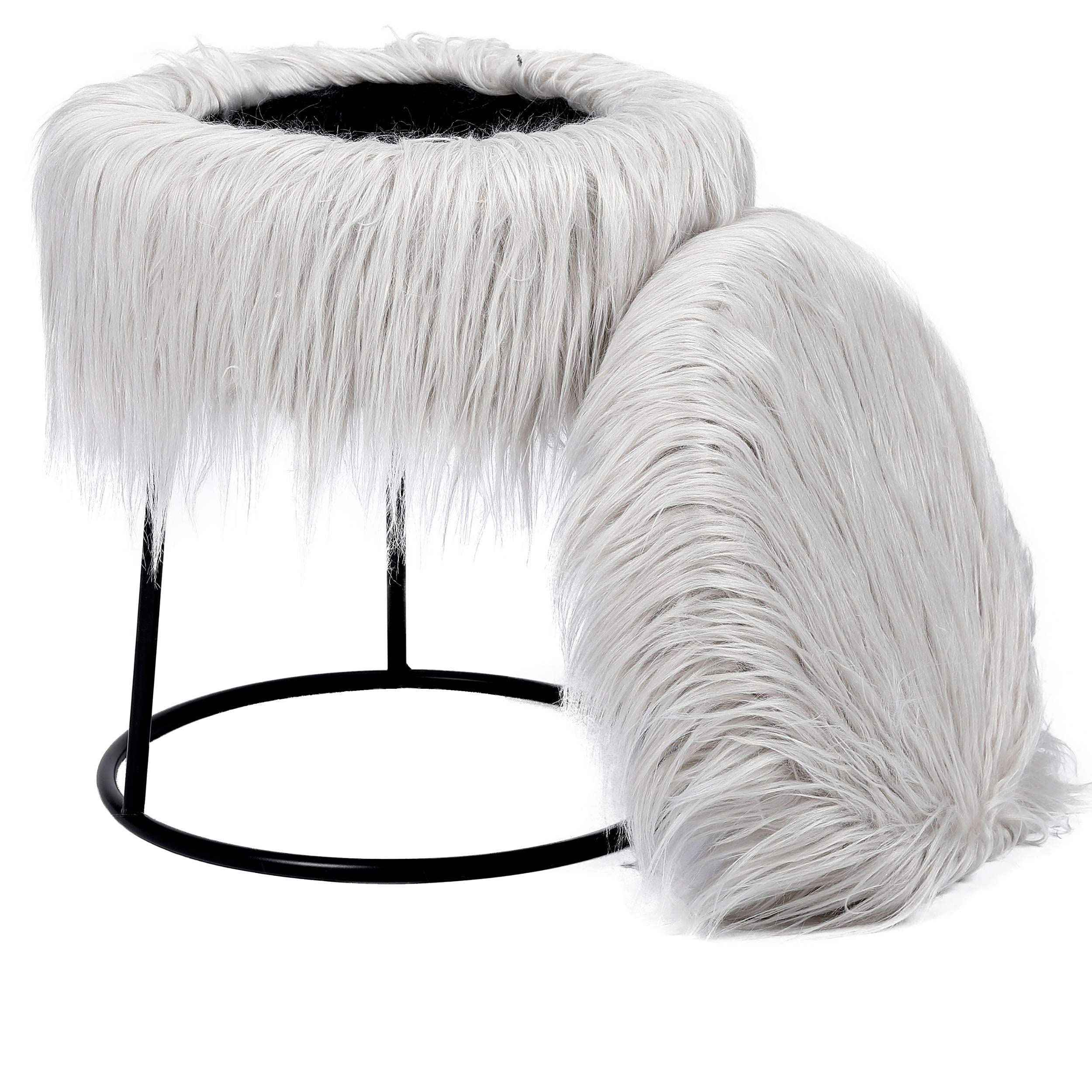 BIRDROCK HOME Round Faux Fur Vanity Stool with Storage - Fluffy Makeup Chair with Metal Legs - Soft Padded Footrest for Bedroom, Dressing Table & Closet Organization - Compact Stylish Grey Seat with Silver Legs - Perfect for Vanity Makeup, Bedroom Decor & Small Space Storage Solutions