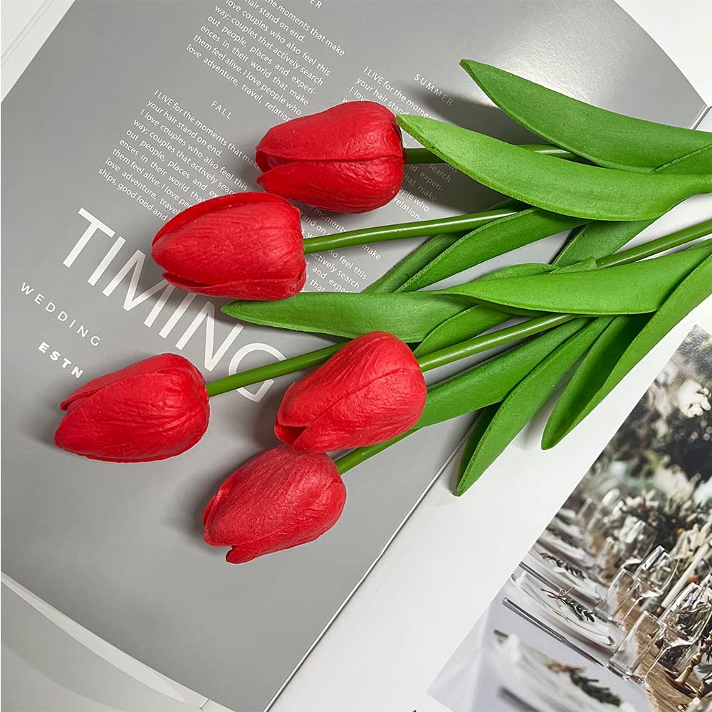 10 Pcs Realistic PU Touch Tulip Artificial Flowers - Red Fake Tulip Bouquet for Home, Office, Wedding, Party & Event Decorations - Perfect for Centerpieces, Table Arrangements & DIY Floral Projects
