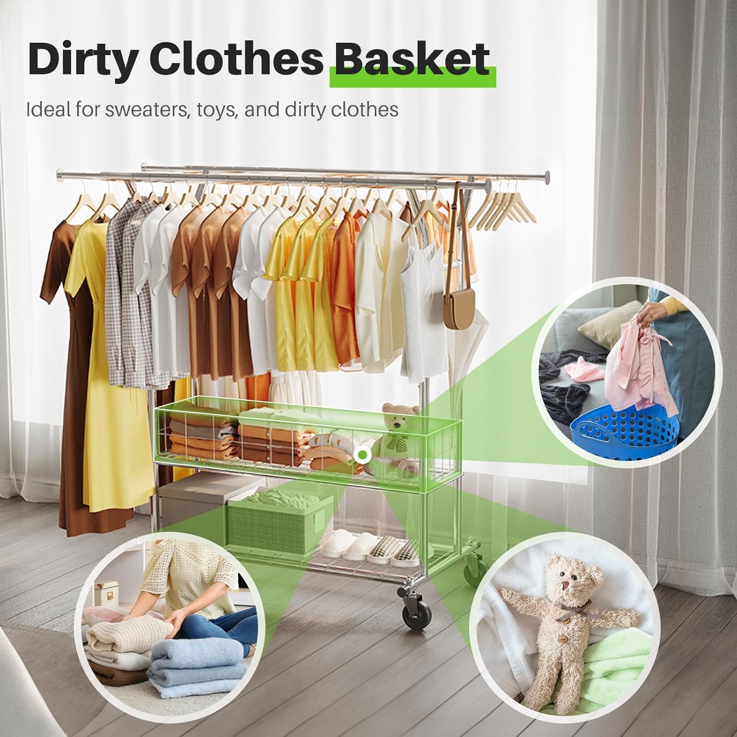 Heavy Duty Commercial Clothing Rack - 625LBS Capacity Adjustable Garment Rack with Metal Basket & Wheels | Double Rod Hanging Clothes Organizer for Bedroom, Living Room, Laundry Room & Retail Store Use