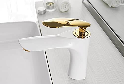 Premium Single Lever Bathroom Sink Faucet - Brass Construction with White Gold Finish - Ideal for Modern Vanities, Guest Bathrooms & Powder Rooms