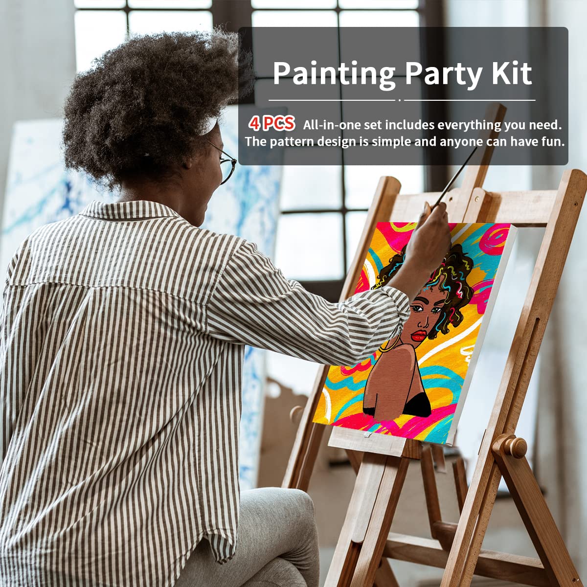 VOCHIC 4 Pack 8x10 Pre-Drawn Canvas Painting Kit for Adults - Afro Queen BLM Girl Art Set with Brushes & Paints | Perfect for Paint & Sip Parties, DIY Home Decor & Creative Gifts