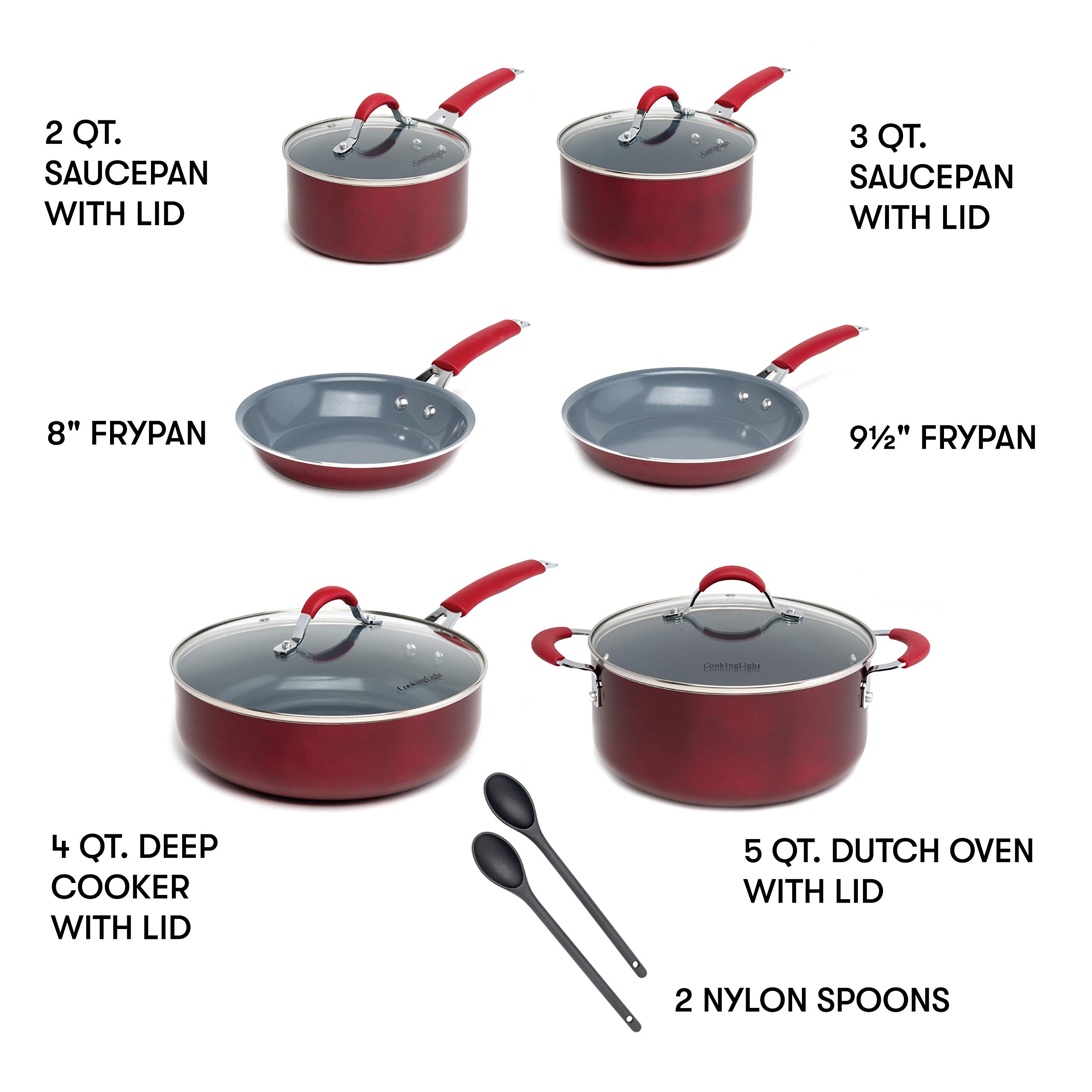 **Nonstick Ceramic Cookware Set - 12-Piece Pots and Pans with Silicone Stay-Cool Handles, Dishwasher Safe, Red - Perfect for Healthy Cooking & Family Meals**