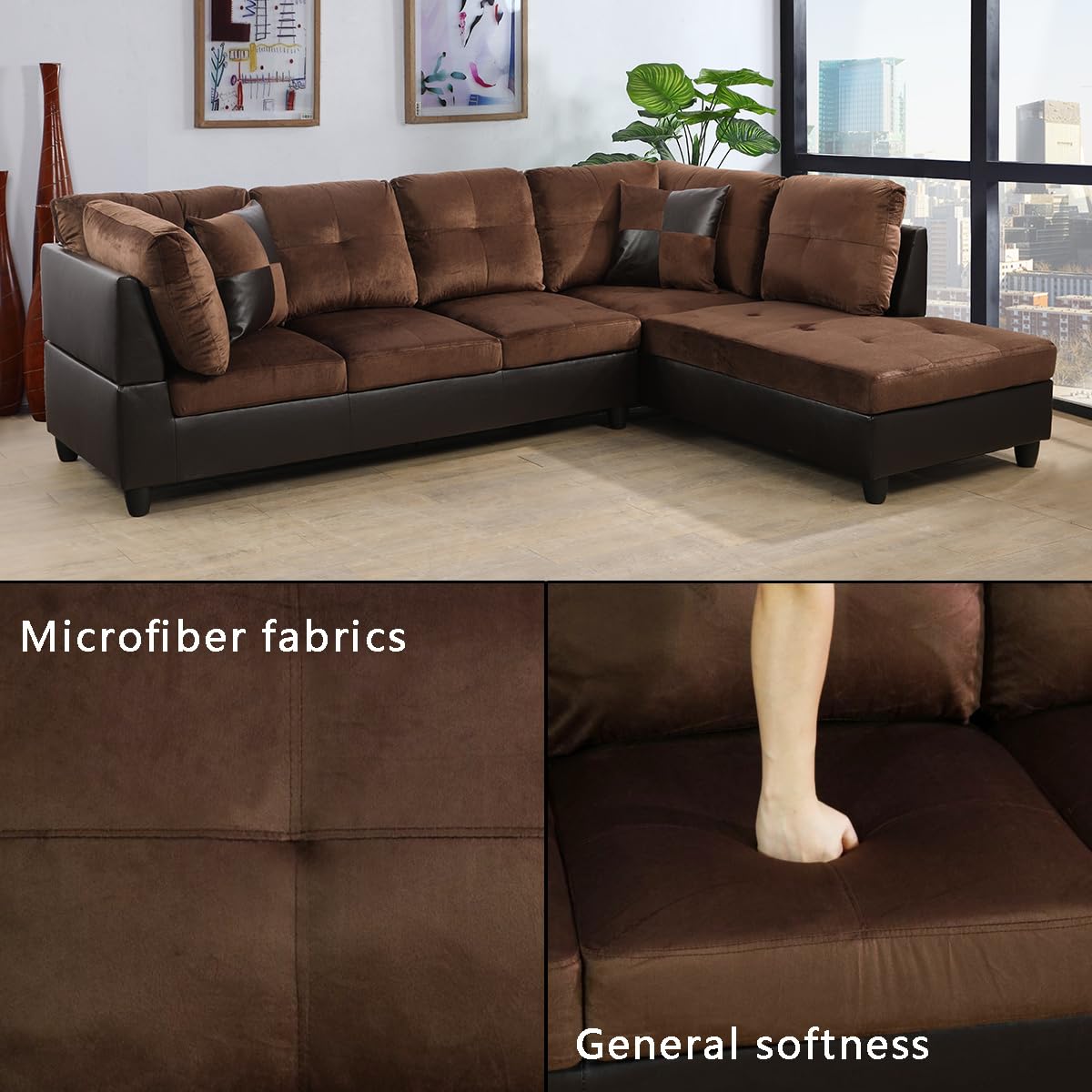 Ainehome 2-Piece L-Shaped Sectional Sofa Set with Chaise - Soft Microfabric Upholstery, Right-Hand Facing in Chocolate Brown - Perfect for Small Spaces, Apartments & Cozy Living Room Furniture