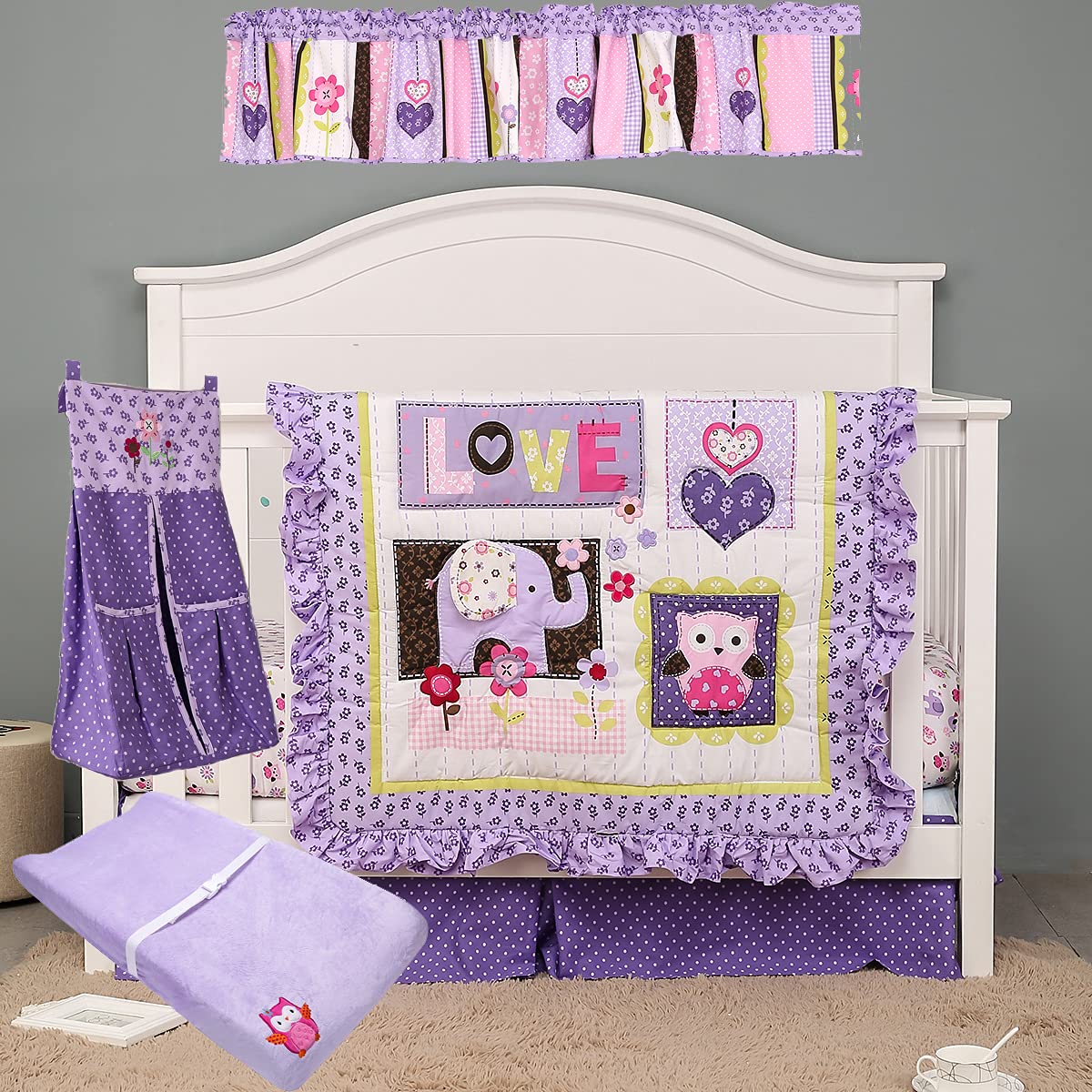 6-Piece Purple Elephant Nursery Crib Bedding Set - Violet Embroidered Elephant Theme Baby Cot Set with Quilt, Fitted Sheet, Skirt, Diaper Bag, Changing Cover & Window Valance (28