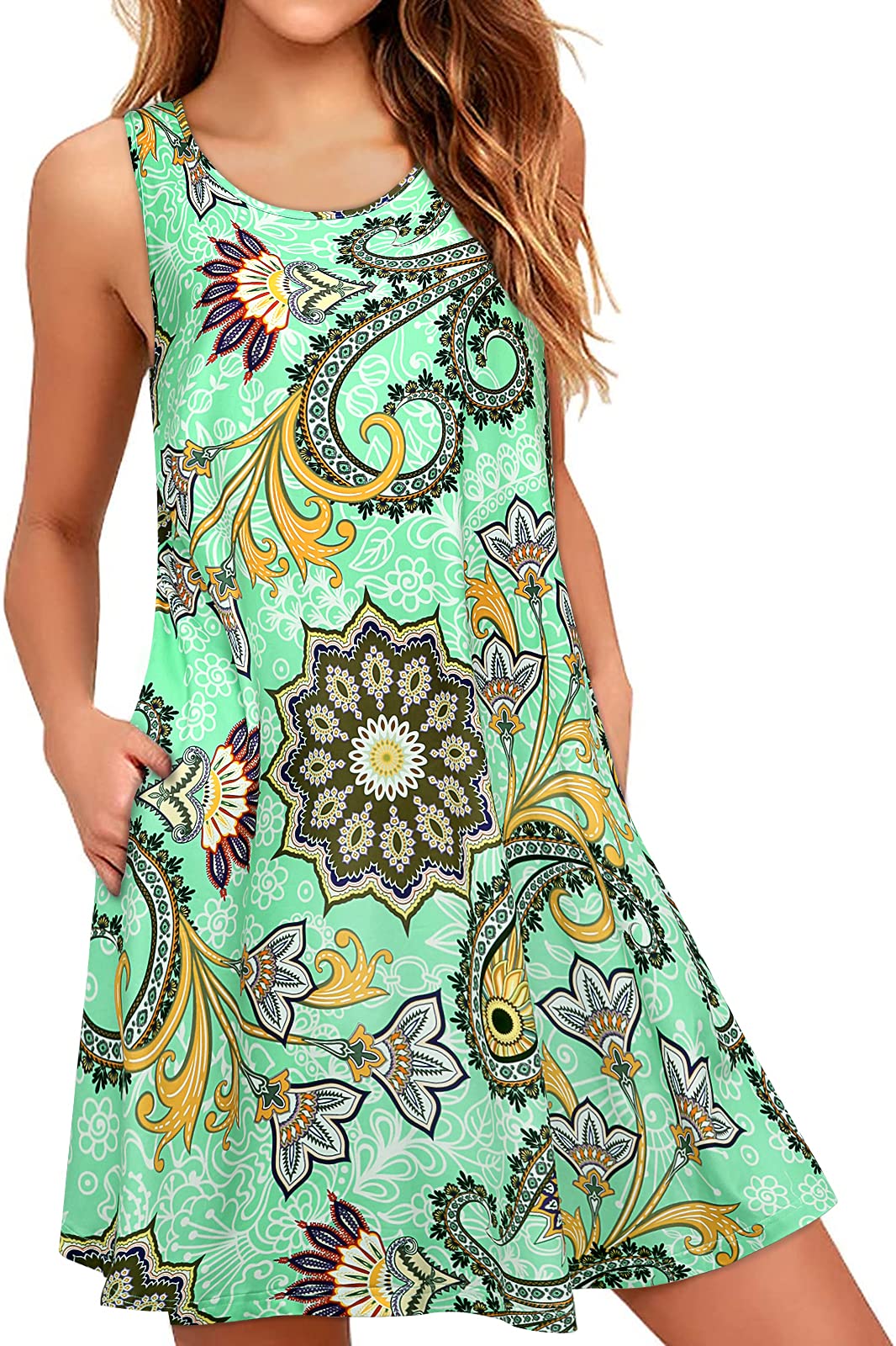 ENMAIN Women's Summer Sleeveless Floral Paisley Dress - Plus Size Loose Swing Tank Sundress with Pockets for Beach Vacation, Hawaiian Party & Casual Outings