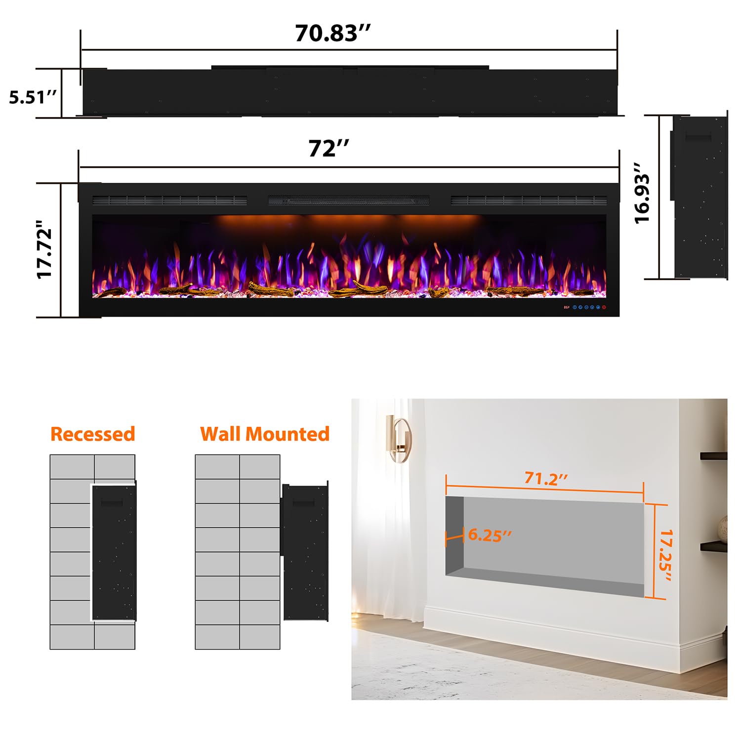 72 Inch Ultra Slim Electric Fireplace - Recessed & Wall Mounted with Multicolor Flame - Log & Crystal Hearth Options - 1500W/750W Heater with Remote Control & Touch Screen - Timer - Perfect for Living Room, Bedroom, or Office