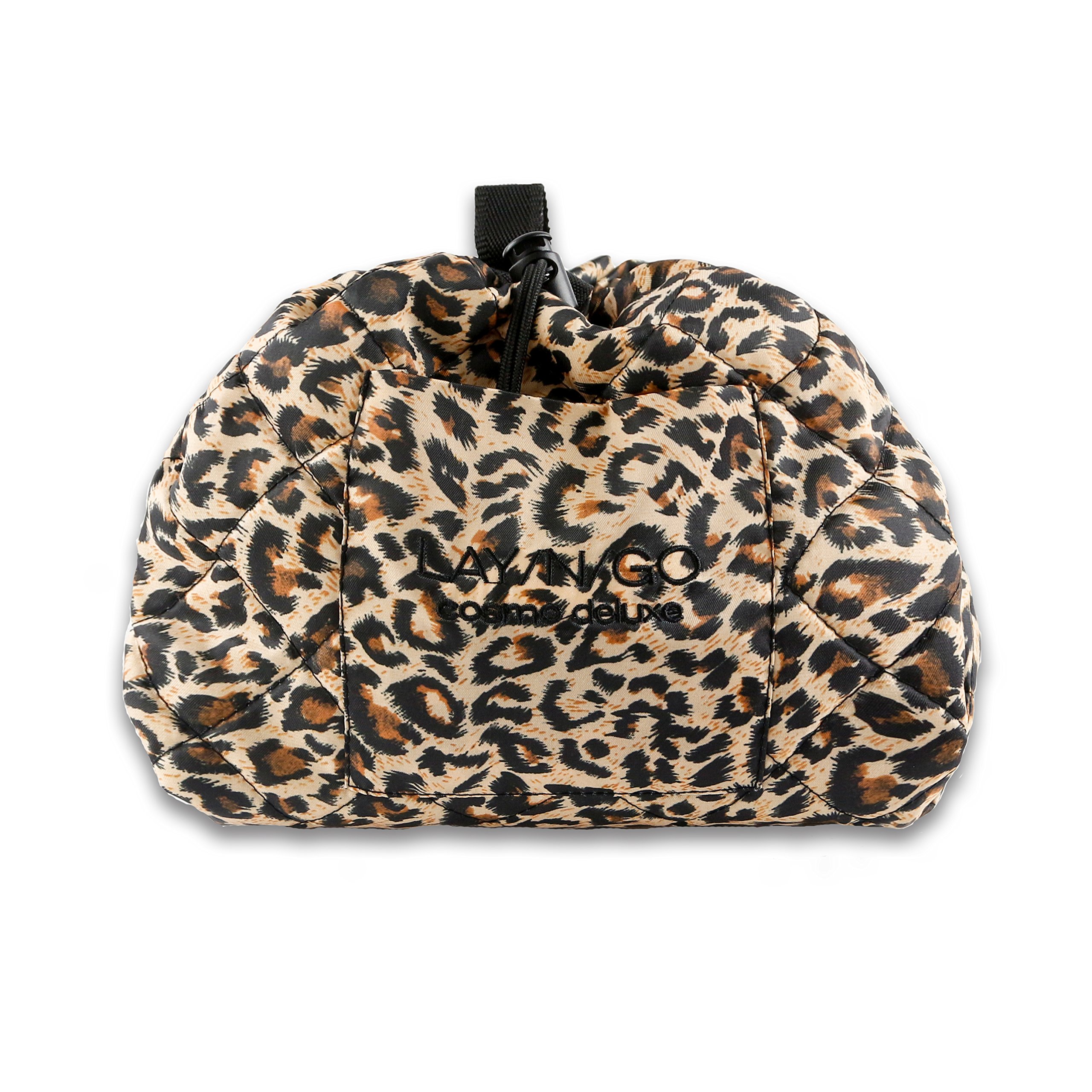 Lay-n-Go Cosmo Drawstring Cosmetic & Makeup Bag Organizer with Zipper Pocket & Makeup Loops - Durable Machine Washable Travel Makeup Pouch (22 Inches, Leopard Print) - Perfect for Travel, Gym & Daily Organization