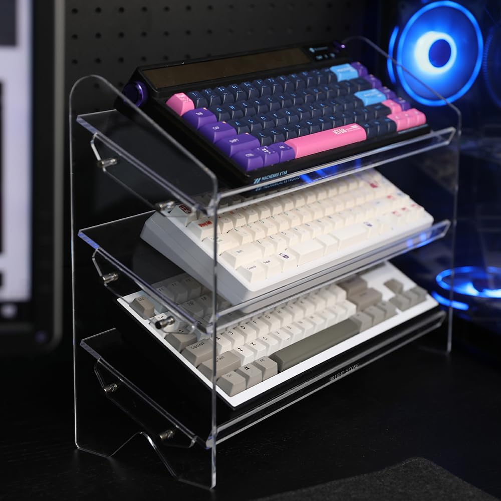 Bright Stone Acrylic Keyboard Display Stand - 3 Tier Mechanical Keyboard Storage Rack & Desktop Organizer for Customized Keyboards - Perfect for Gaming Setup, Office Desk Organization & Keyboard Collection Display (Long Size)