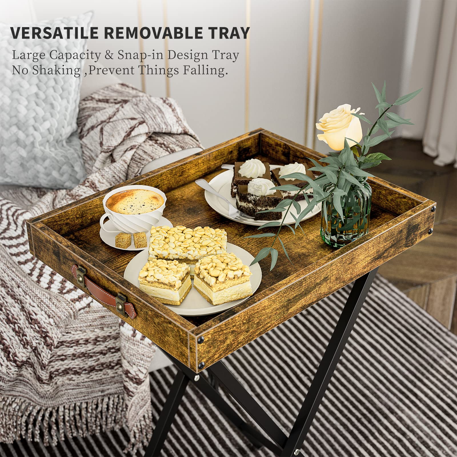 2-Pack TV Tray Tables with Removable Tray Top - Foldable Side Tables for Bedroom, Living Room & Small Spaces - Snack Tables with Serving Tray (Burned Brown) - Perfect for Eating, Working or Watching TV in Compact Areas