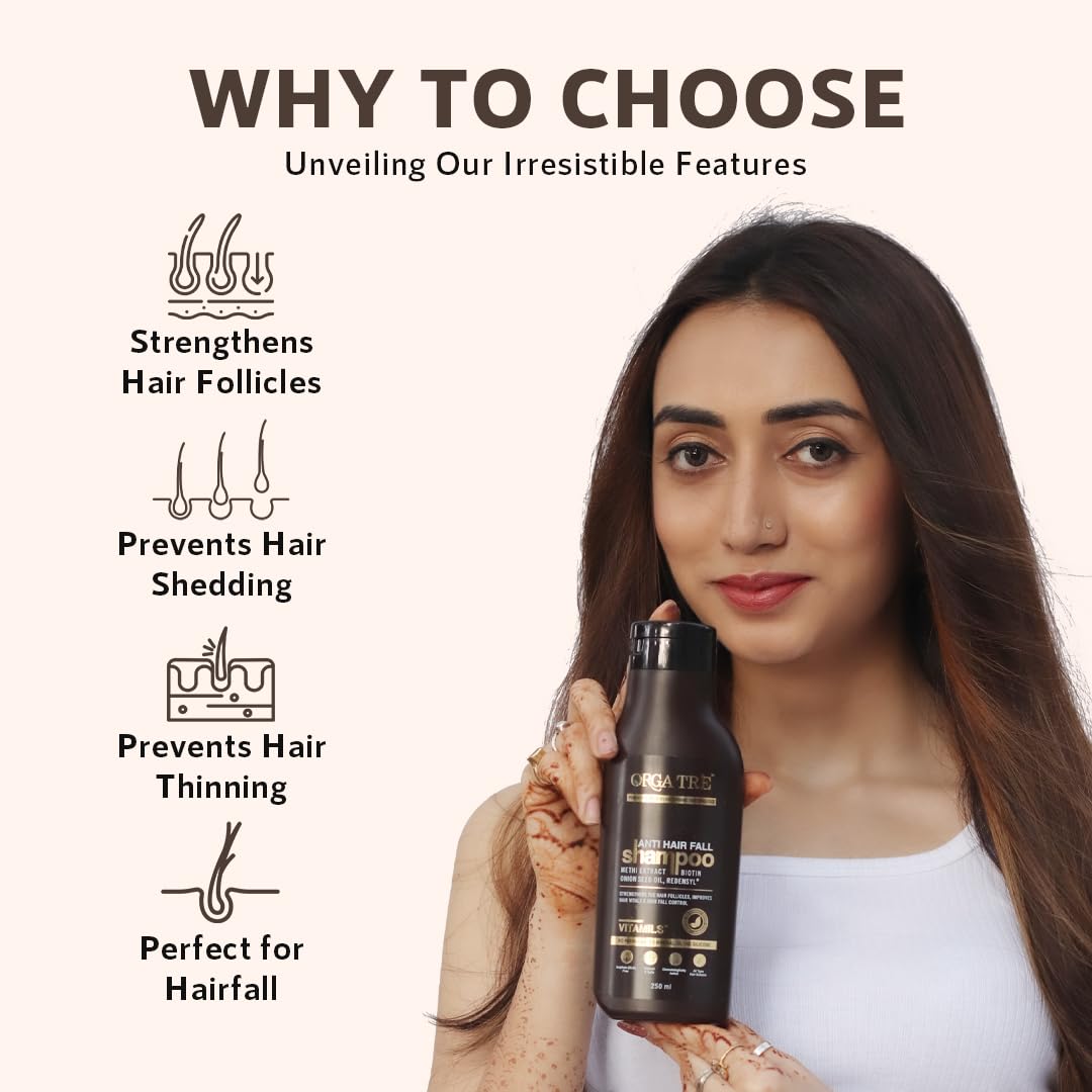 Orgatre Anti Hair Fall Shampoo for Men & Women - Sulfate Free, Paraben Free, Redensyl Enriched (250ml) - Best for Dry & Frizzy Hair Care & Scalp Nourishment | Perfect for Daily Use & Hair Growth Treatment