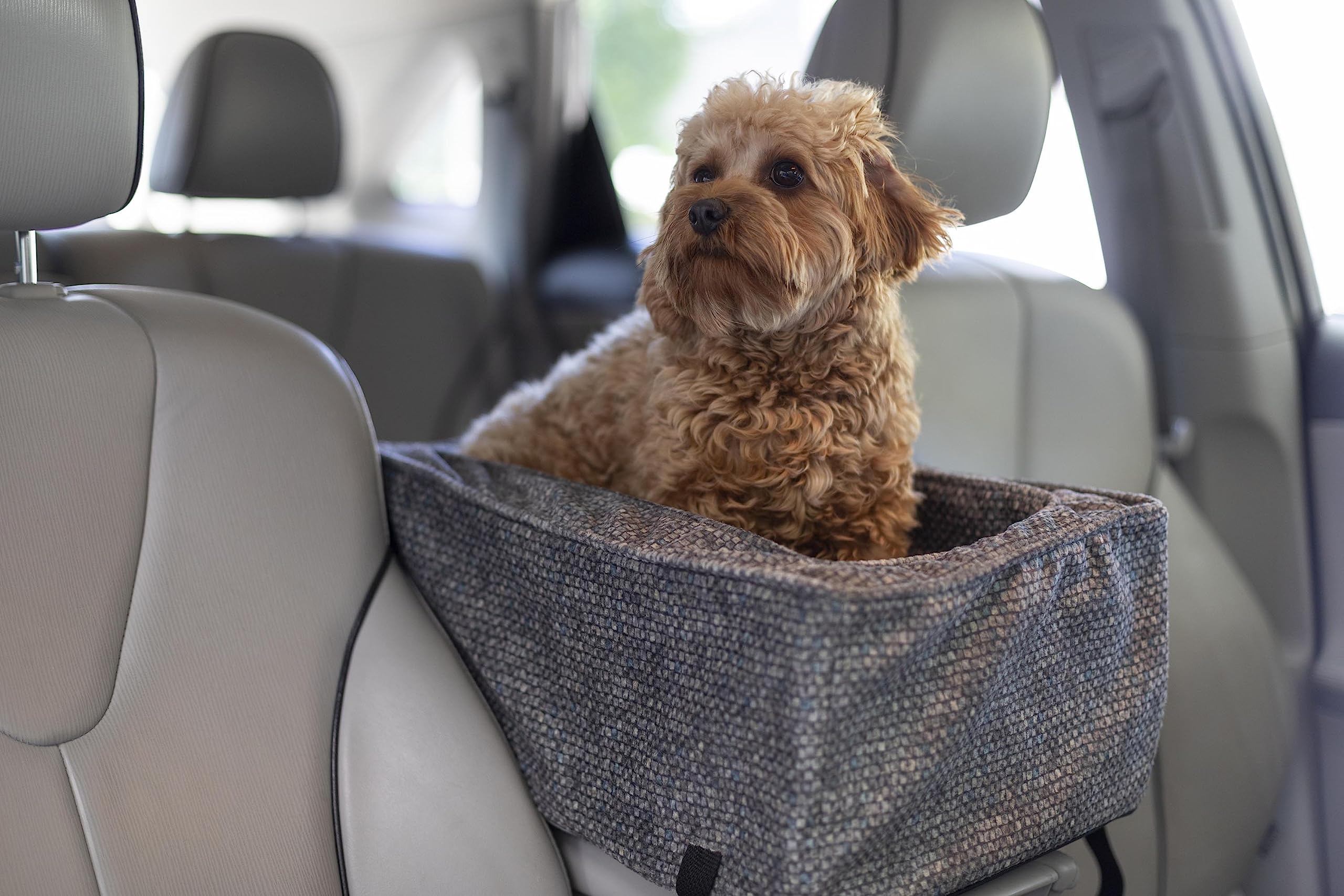 **Snoozer Large Center Console Dog Car Seat for Small Dogs Under 12 lbs - Washable Merlin Pewter Cover, Secure Harness Attachment - Perfect for Road Trips & Daily Commutes**