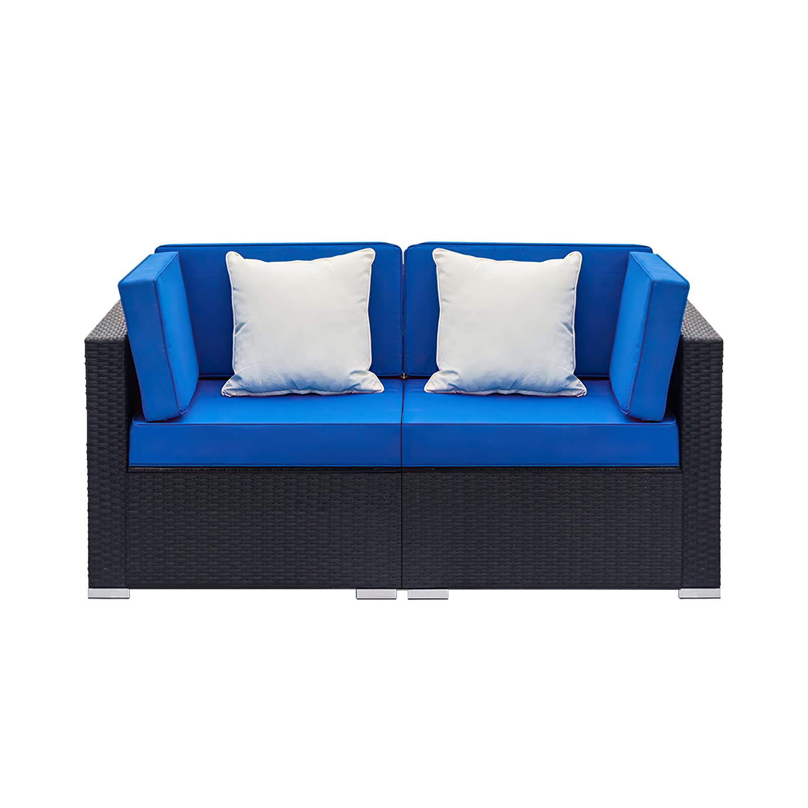 Outdoor Patio Furniture Set - 4-Piece Wicker Sectional Sofa with 2 Corner Chairs & 2 Beige Cushions - All-Weather Garden Conversation Set (Black+Blue) for Backyard, Poolside, and Deck Relaxation