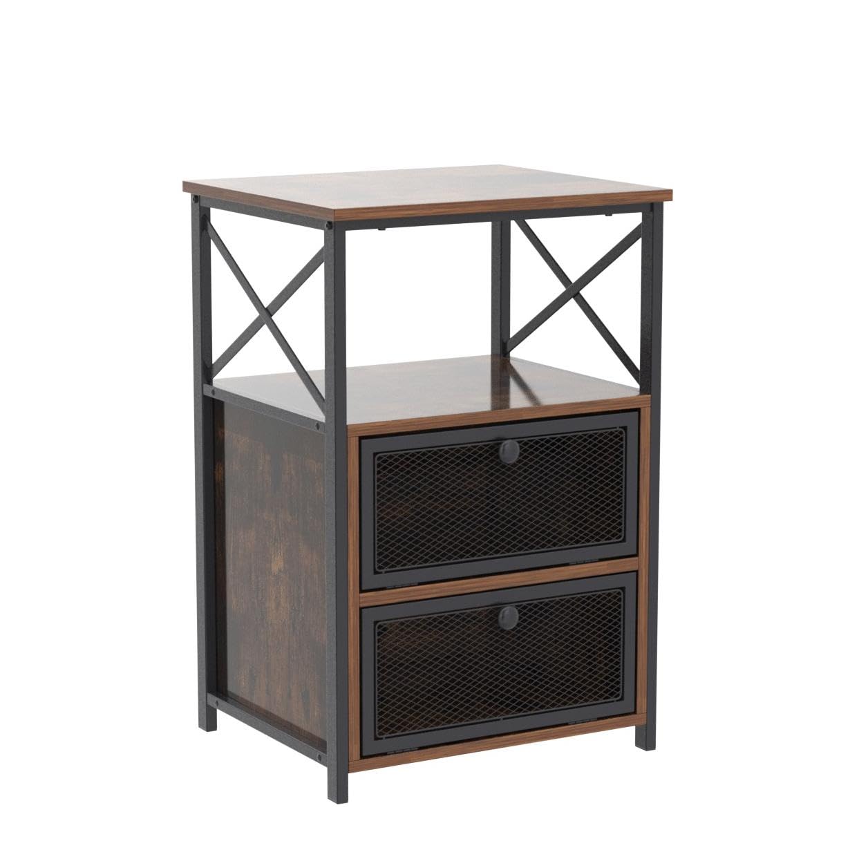 Modern Night Stands Set of 2 - Industrial Design Bedside Tables with Drawers & Storage Shelf for Bedroom or Living Room - Perfect for Small Spaces, Apartment Decor & Guest Rooms (Brown)