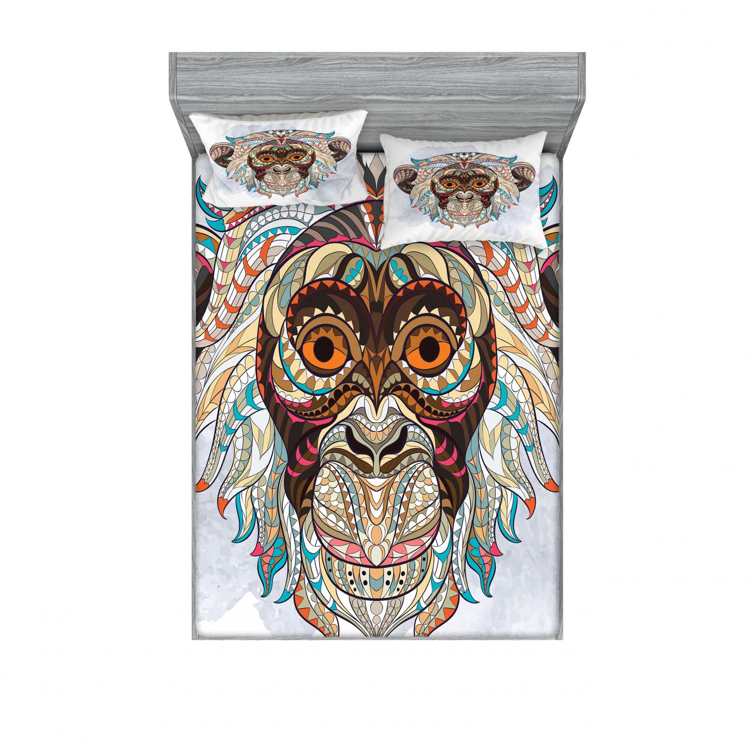 Ambesonne 2-Piece Monkey Print Fitted Sheet & Pillow Sham Set - Full Size Bedding with 2 Fitted Sheets & 4 Pillow Covers - Tribal Totem Design in Teal & Brown - Perfect for Jungle Themed Bedrooms, Kids Rooms or Boho Home Decor