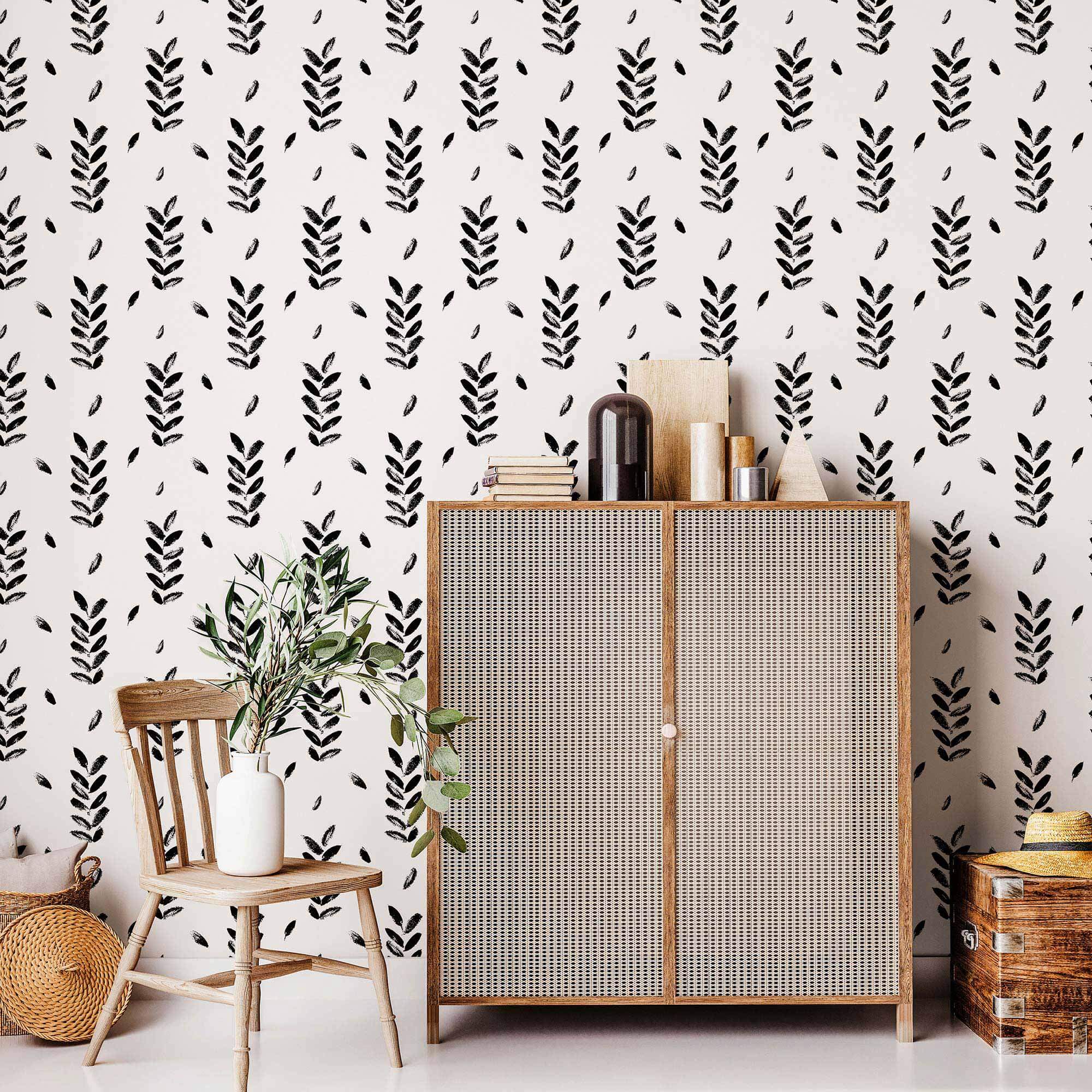 Black and White Leaves Peel and Stick Removable Wallpaper - Self-Adhesive Decorative Wall Mural for Bedroom, Living Room, Nursery - Easy to Apply & Remove - Perfect for Home Decor and DIY Projects