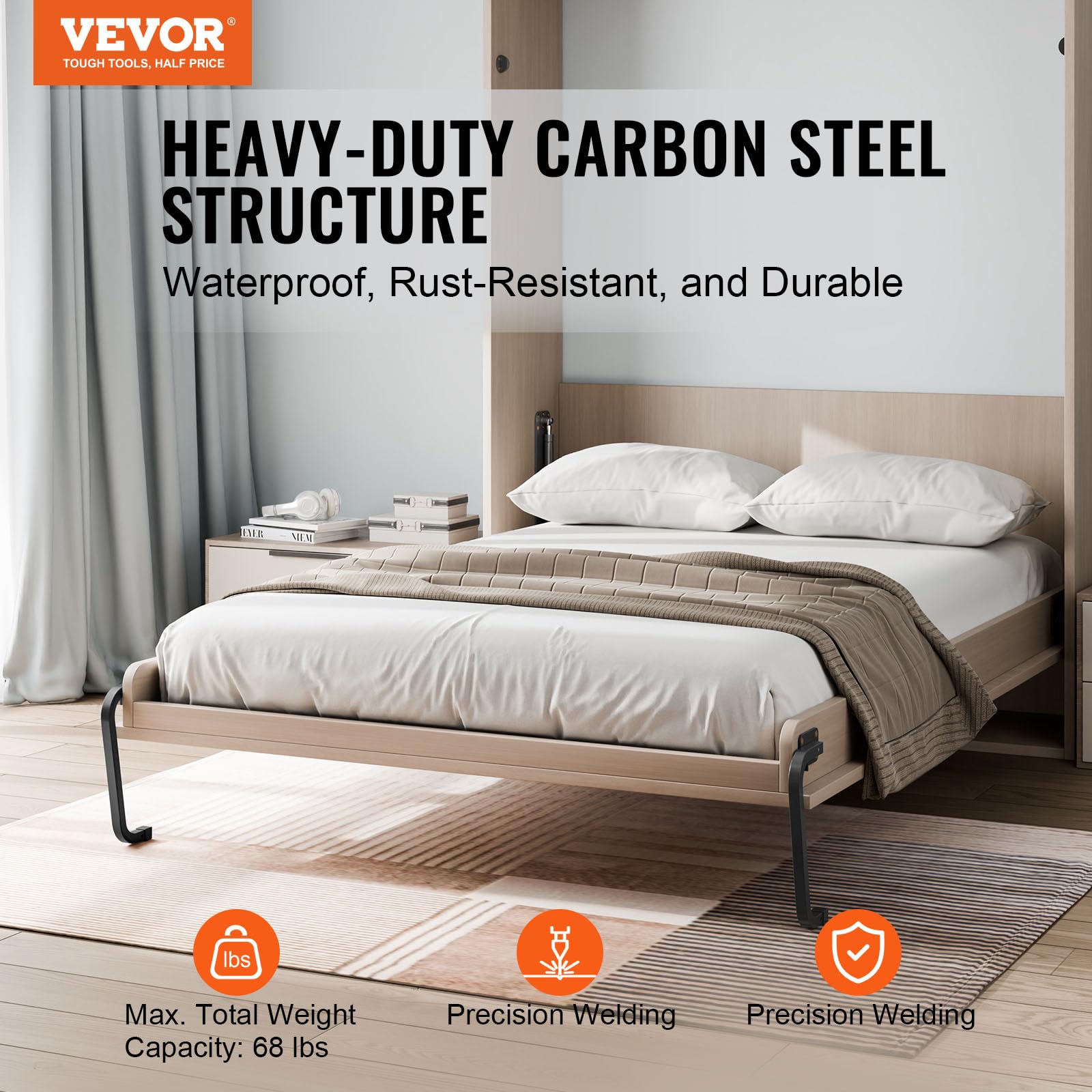 VEVOR Queen Size Murphy Bed Kit - Vertical Deluxe DIY Wall Bed Hardware with Pneumatic Lever, Heavy Duty Frame Support - Space Saving Folding Cabinet Design for Guest Room, Small Apartments & Home Office