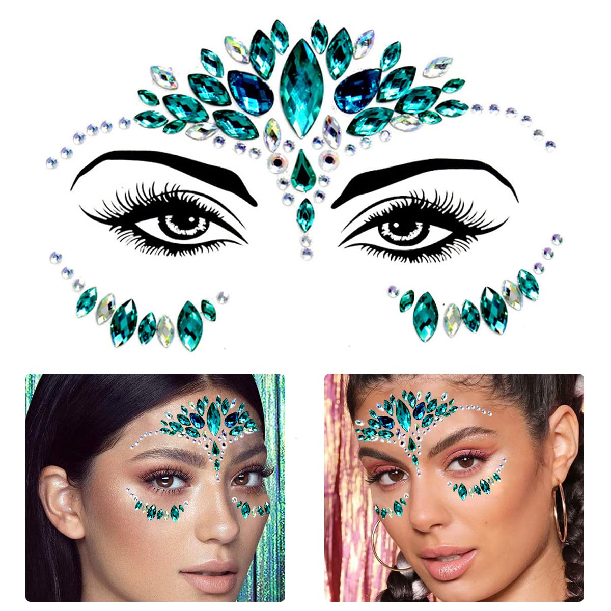 MAYCREATE® Rhinestone Face Stickers - Peacock Princess Design for Makeup Artists & Body Art | Acrylic Gem Temporary Face Jewels for Festival, Performance, Halloween & Cosplay | Waterproof & Hypoallergenic