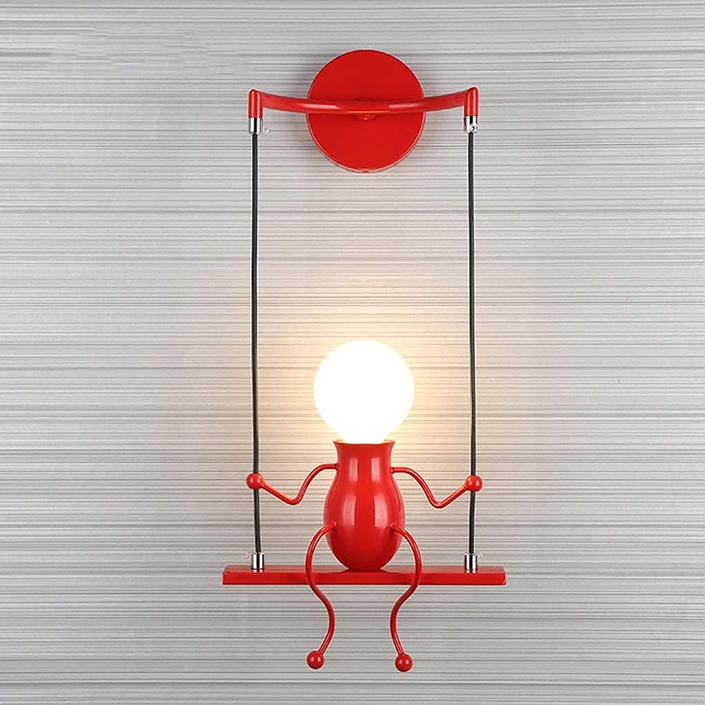 Creative Swing LED Wall Light - Cartoon Kids Bedside Lamp, Modern Metal Nursery & Bedroom Lighting, E27 Decorative Wall Sconce for Home, Cafe, Stairs - Red (Perfect for Kids' Rooms, Bedside Reading & Staircase Safety)