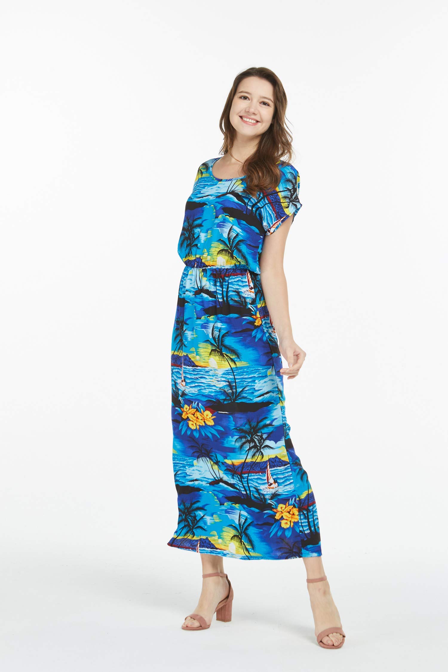 Women's Hawaiian Luau Cap Sleeve Maxi Dress - Floral Print Beach Sunset Dress for Summer Vacation, Pool Party & Tropical Getaway