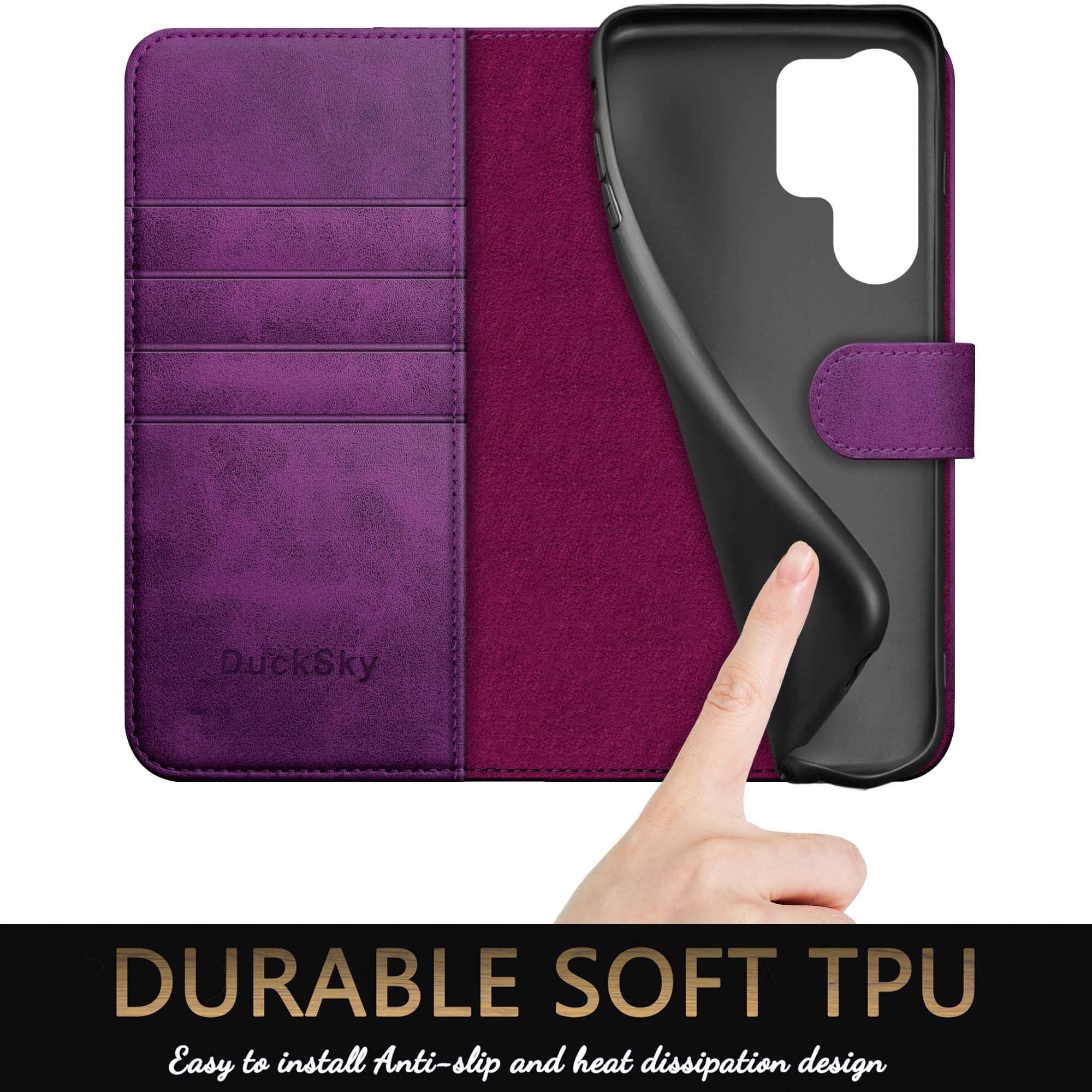 Genuine Leather Wallet Case for Samsung Galaxy S24 Ultra - RFID Blocking, 4 Credit Card Holder, Flip Folio Book Cover - Protective Phone Case for Women & Men (Purple) - Perfect for Business, Travel & Everyday Use