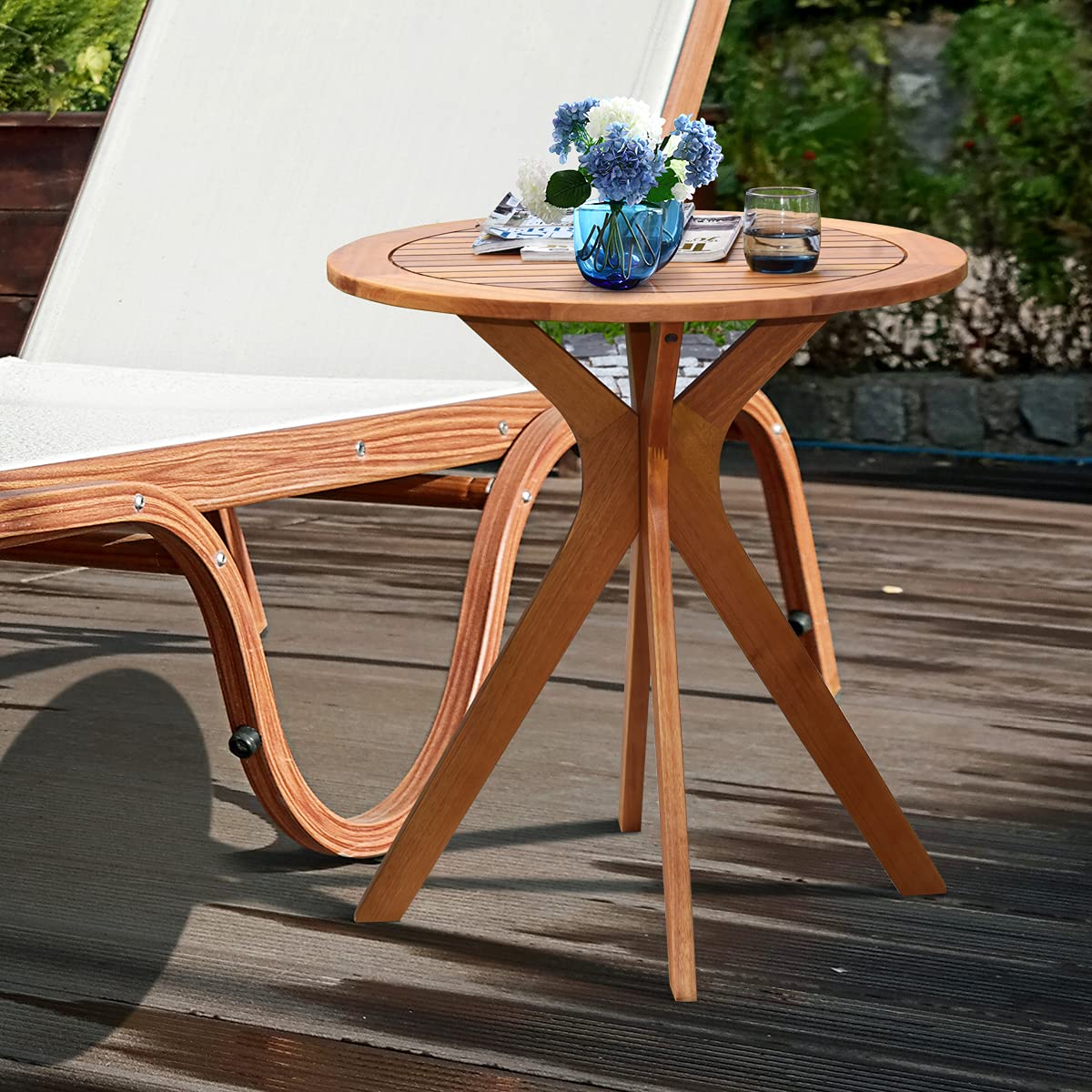 Wooden Round Patio Bistro Table with X-Shaped Base - Indoor/Outdoor Side Table for Coffee, Garden, Backyard & Living Room | Durable Teak Furniture for Relaxing & Entertaining