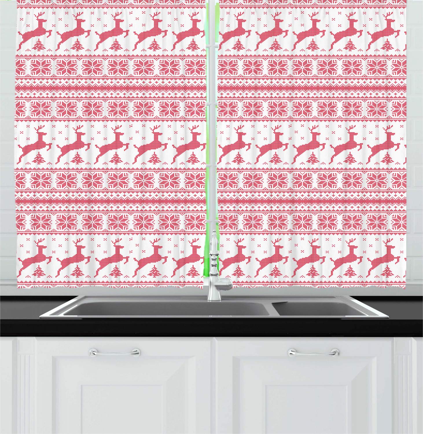 Ambesonne Nordic Winter Christmas Kitchen Curtains - Snowflakes & Reindeer Animal Pattern Window Drapes, 2 Panel Set for Kitchen & Cafe Decor, 55