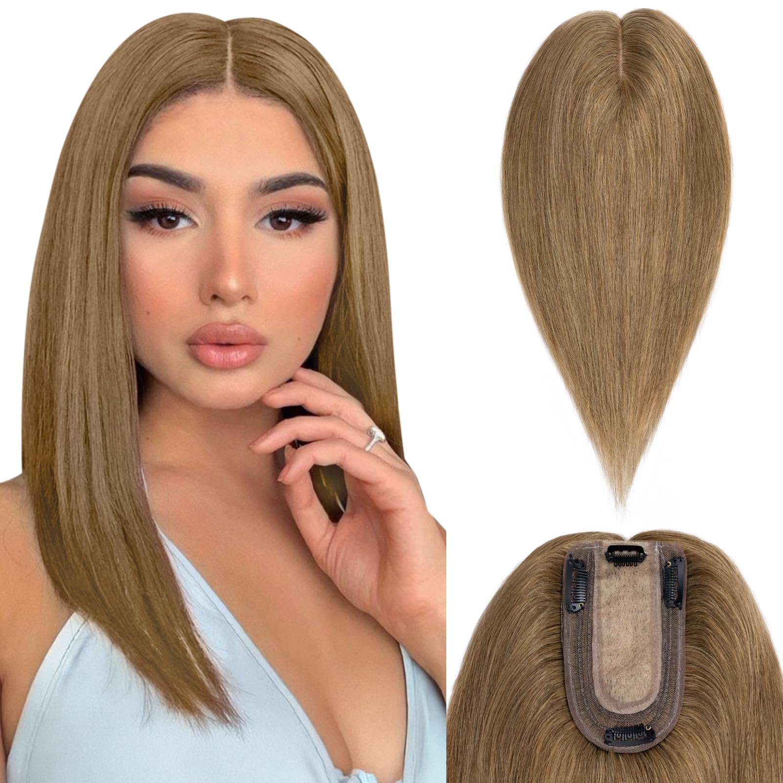 Benehair Remy Human Hair Topper for Women - 16 Inch Light Brown (#06) Clip-In Silk Base Hairpiece - 38g Natural Looking Hair Replacement for Thinning Hair | Perfect for Daily Wear, Special Occasions & Styling