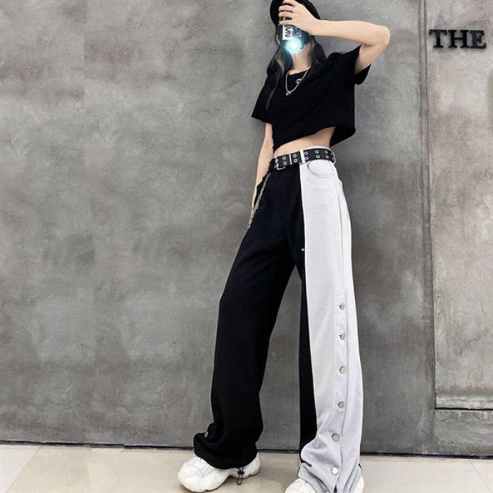 Gothic Pants for Women - High Waisted Straight Leg Trousers in Black & White | Harajuku Style Wide Leg Pants for Casual Wear, Street Fashion & Alternative Outfits