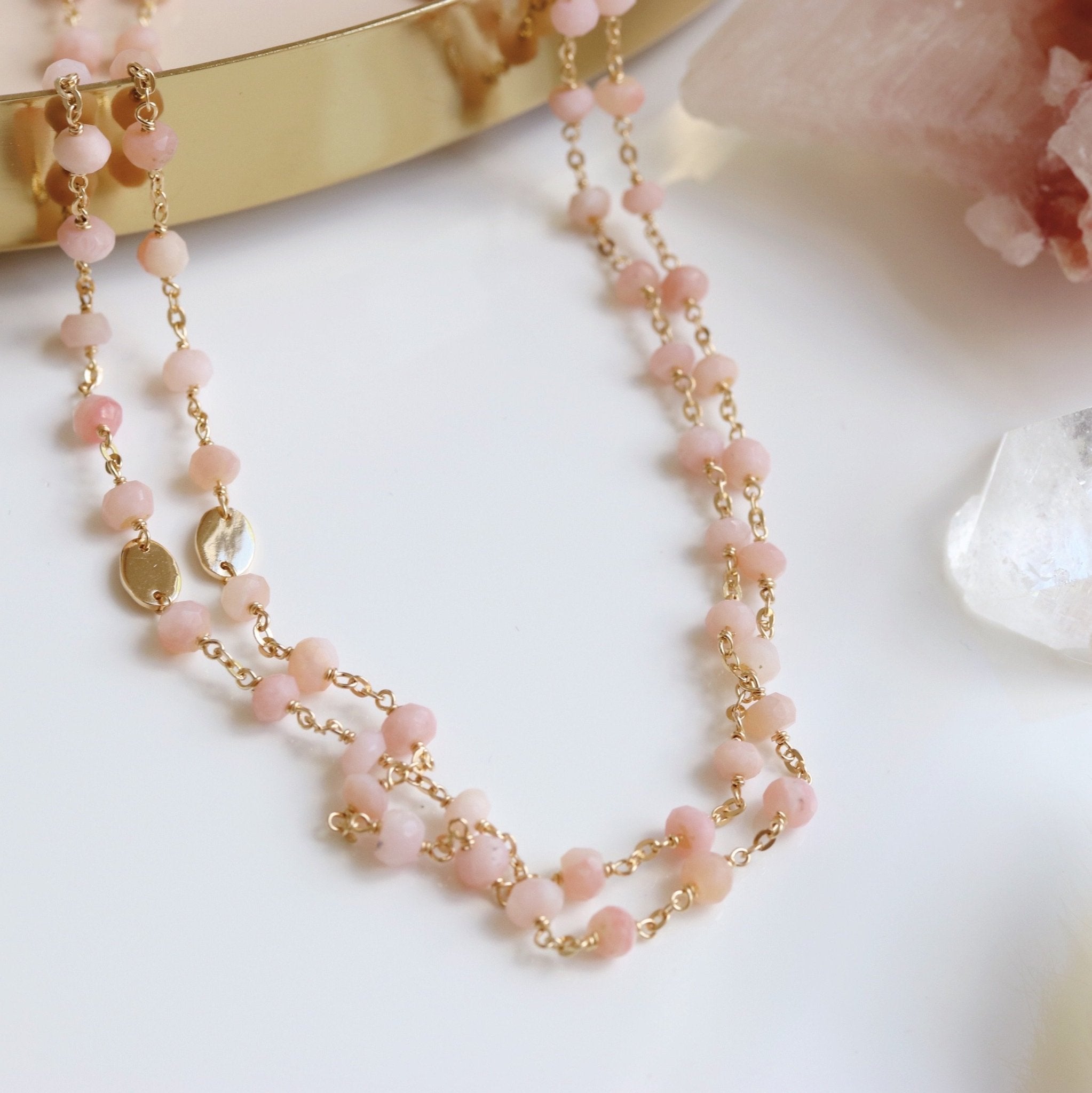 ICONIC MIDI BEADED NECKLACE - Pink Opal & Gold 24-25 Inch - Elegant Boho Jewelry for Women - Perfect for Weddings, Parties & Everyday Wear