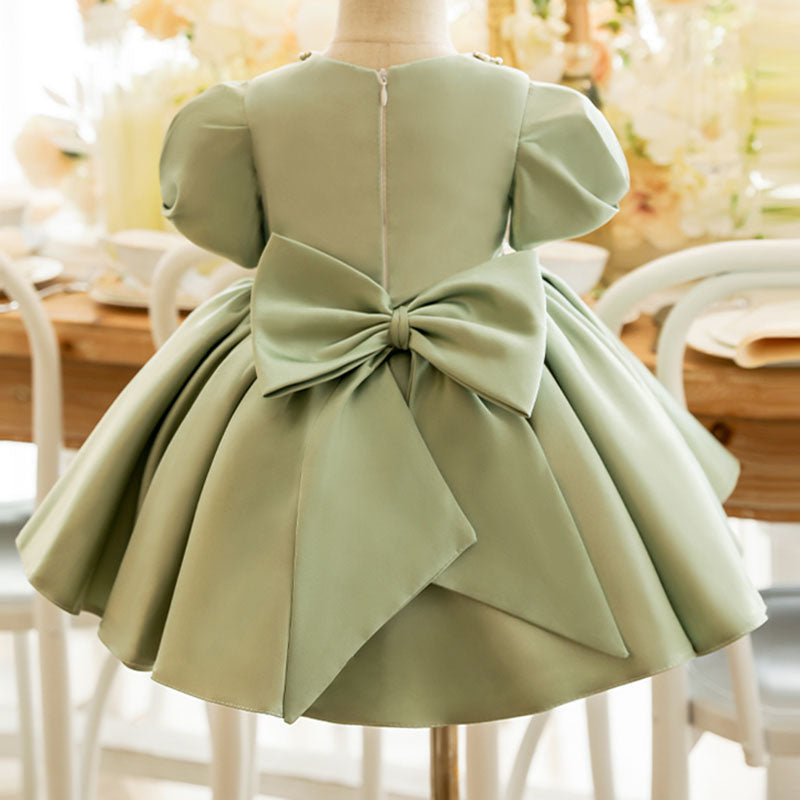 Elegant Sage Green Satin Flower Girl Dress with Beaded Puff Sleeves - Perfect for Weddings, Pageants & Special Occasions