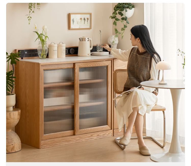 Solid Oak Wood Sideboard Buffet Cabinet - Multi-Functional Storage Locker with Drawers & Shelves for Dining Room, Living Room, and Entryway Organization