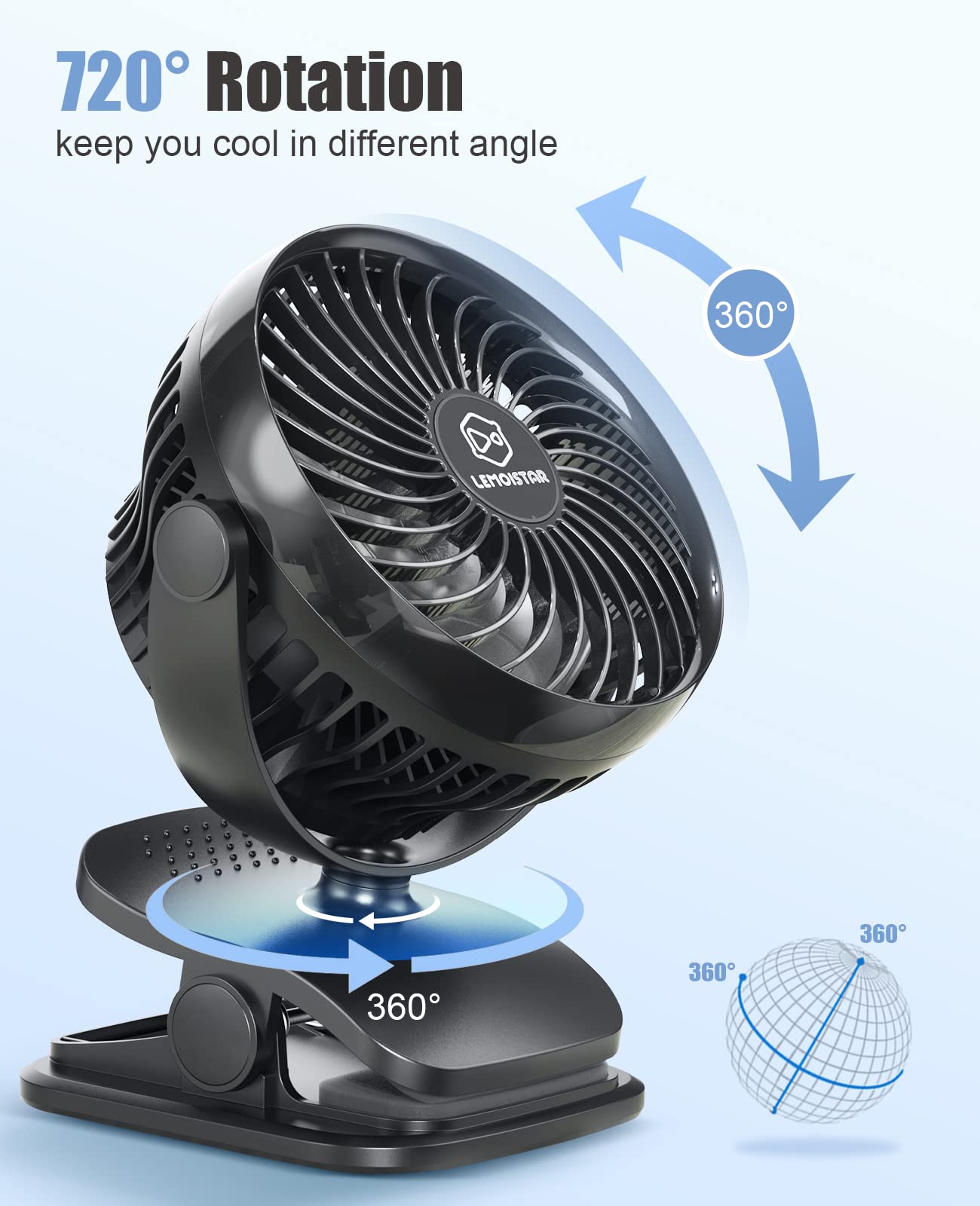 LEMOISTAR Battery Operated Clip on Fan - 4 Speed Ultra Quiet Portable Fan with Adjustable Angle, AA/USB Powered for Baby Stroller, Desk, Camping & Outdoor Use - Perfect for Nursery, Office, Travel and Summer Activities