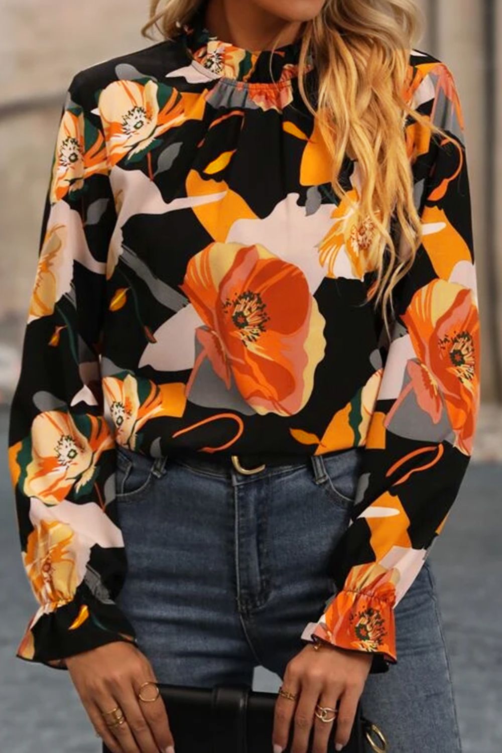 Floral Print Mock Neck Blouse with Flounce Sleeves - Elegant Women's Tops for Office, Party & Date Night Outfits