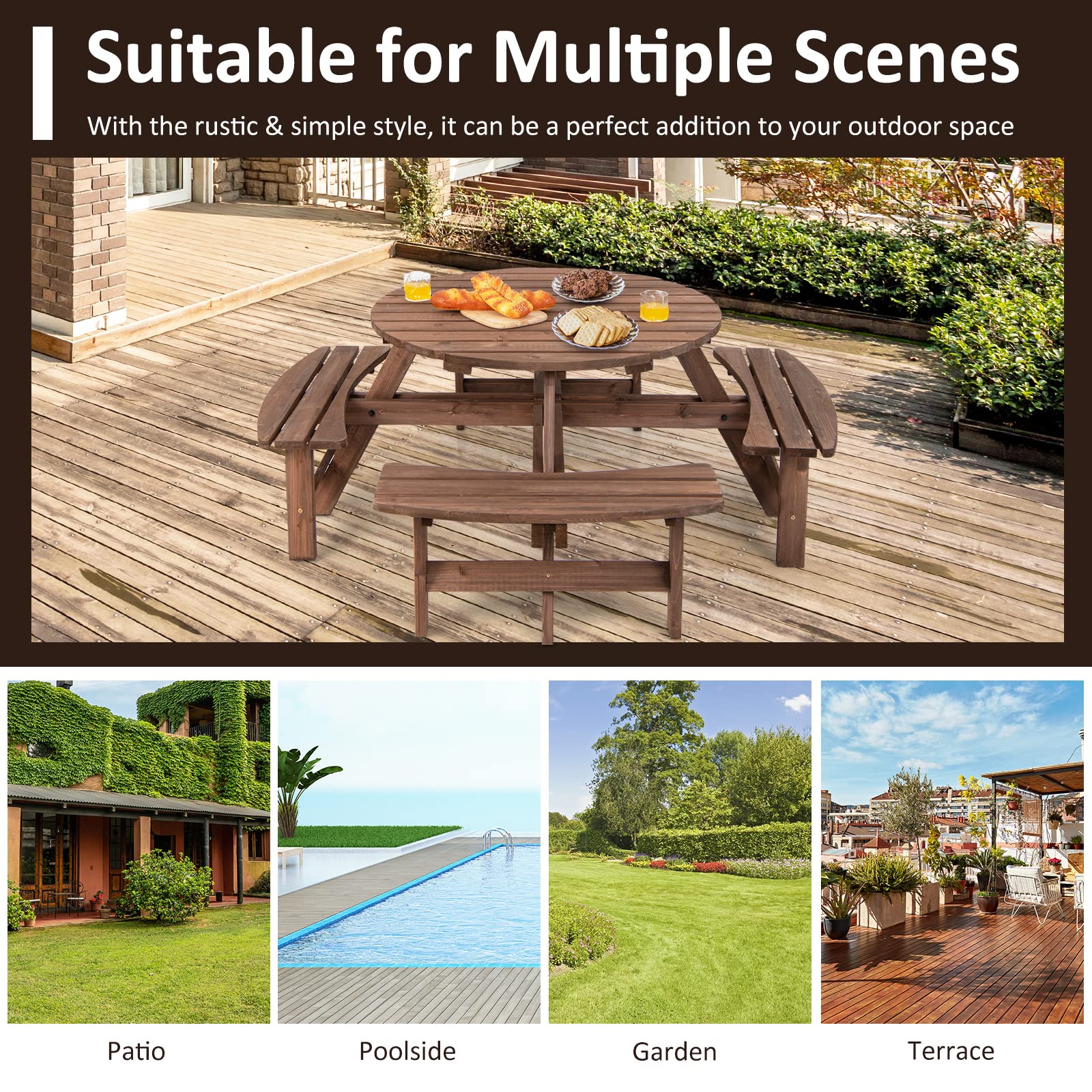 Tangkula 8-Person Round Wooden Picnic Table with 4 Built-in Benches & Umbrella Hole - 500lbs Capacity Per Bench - Outdoor Dining Set for Garden, Backyard, Patio, Camping & Picnic Areas