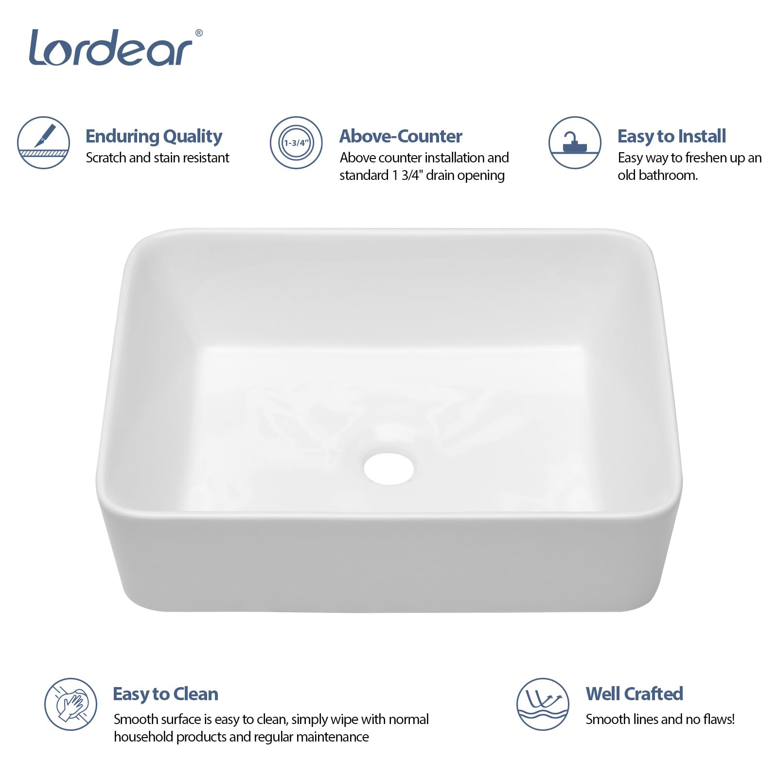 Lordear 19x15 Inch White Ceramic Porcelain Vessel Sink with Matte Black Single Handle Faucet - Above Counter Rectangular Bathroom Sink Combo for Modern & Contemporary Vanities