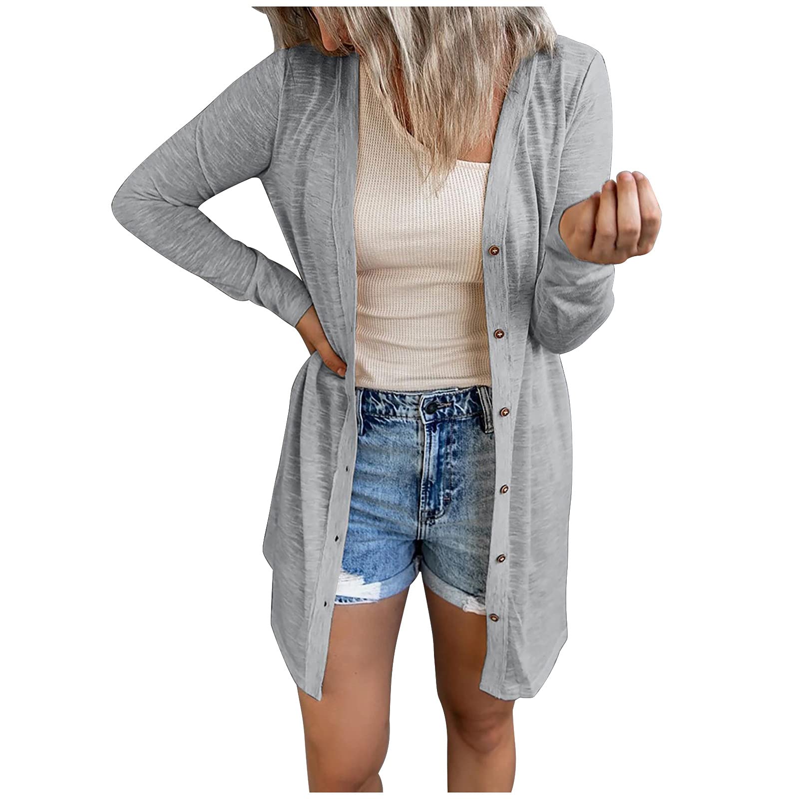 Women's Long Cardigan Sweater with Snap Buttons - Solid Color Plaid Kimono Open Front Cover Up for Casual Outfits & Layering