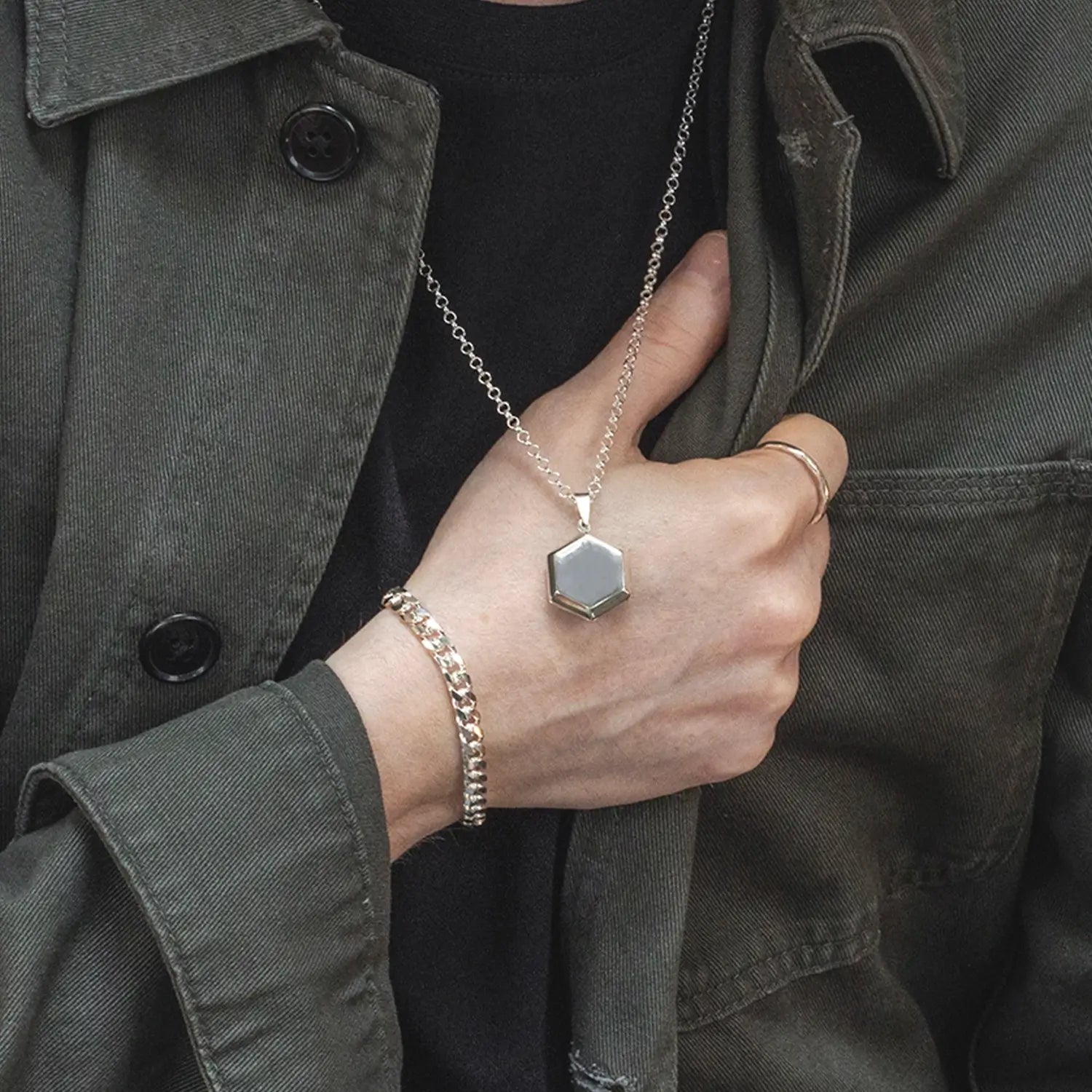 Hexagon Locket Necklace for Men - Sterling Silver Photo Pendant - Perfect for Gifts, Anniversaries & Memorial Keepsakes
