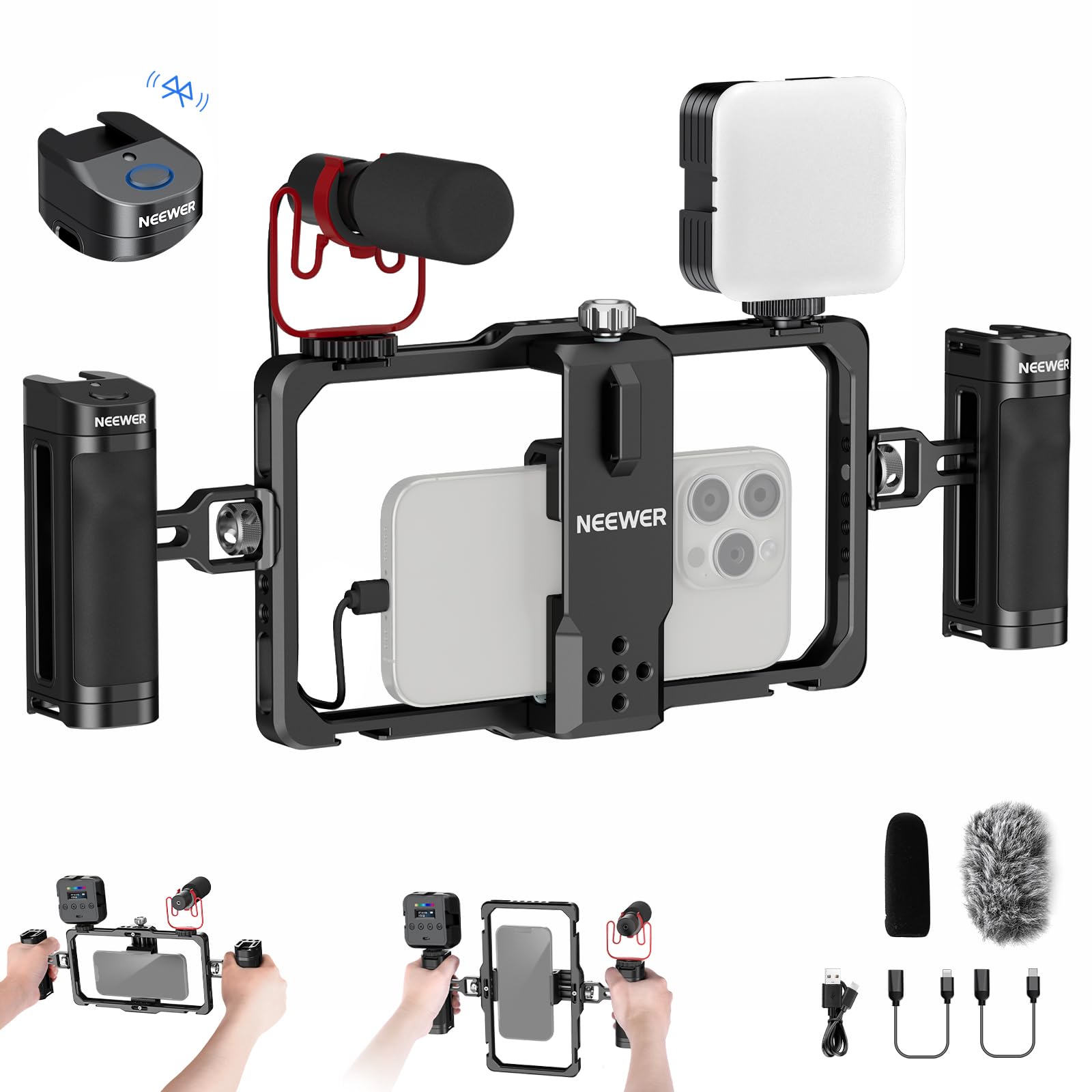 **NEEWER Universal Phone Cage Stabilizer Video Rig with Bluetooth Shutter, RGB LED Light & USB-C Mic - Compatible with iPhone 16 Pro Max/15 Pro Max, Samsung S24 Ultra (PA009E) - Perfect for Vlogging, Live Streaming & Content Creation**