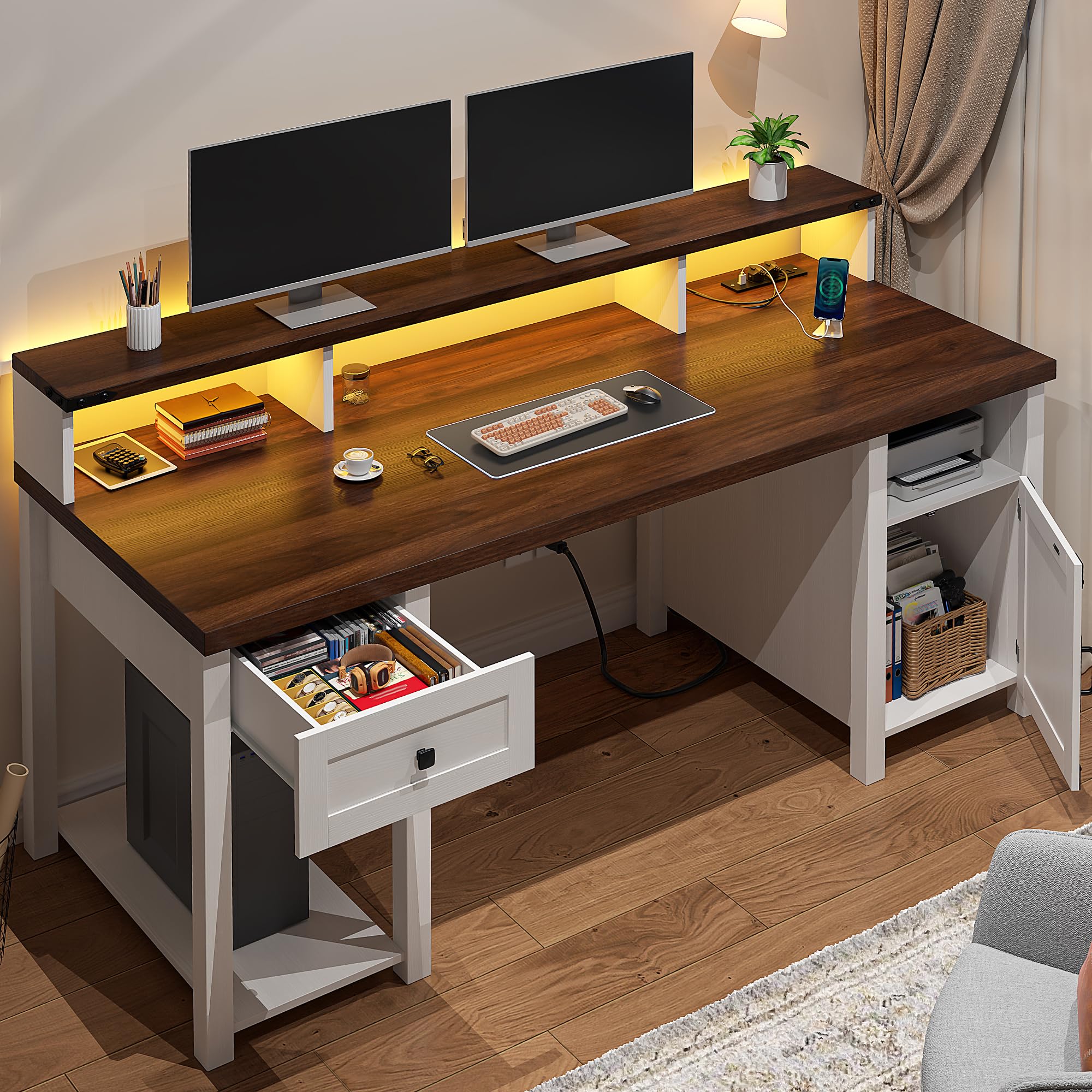 Farmhouse Office Desk with Drawers & Power Outlets - 55