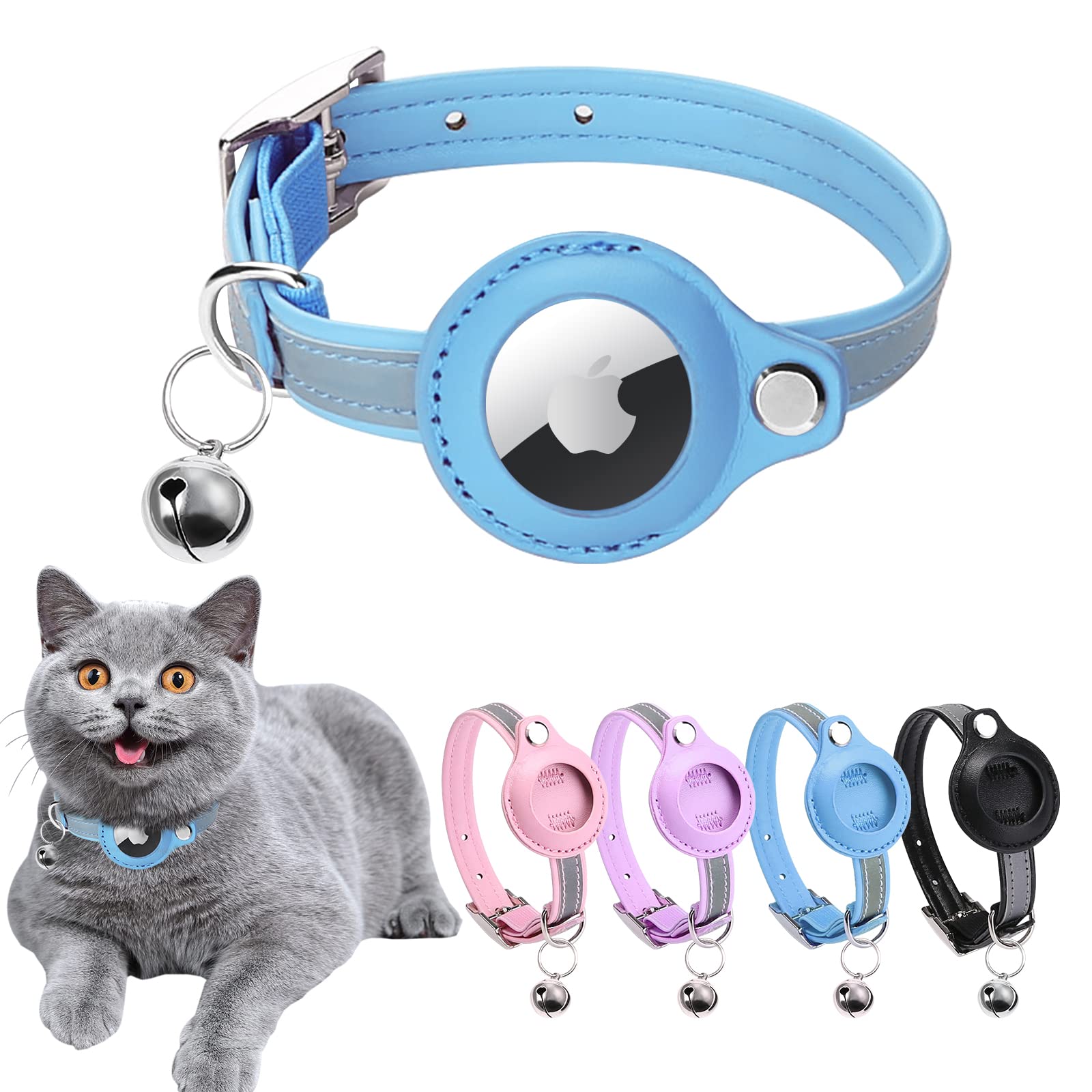 GPS Cat Collar with Bell & Reflective Strip - Leather Pet Tracker Collar for Cats (Blue, XS 7.5-10.2