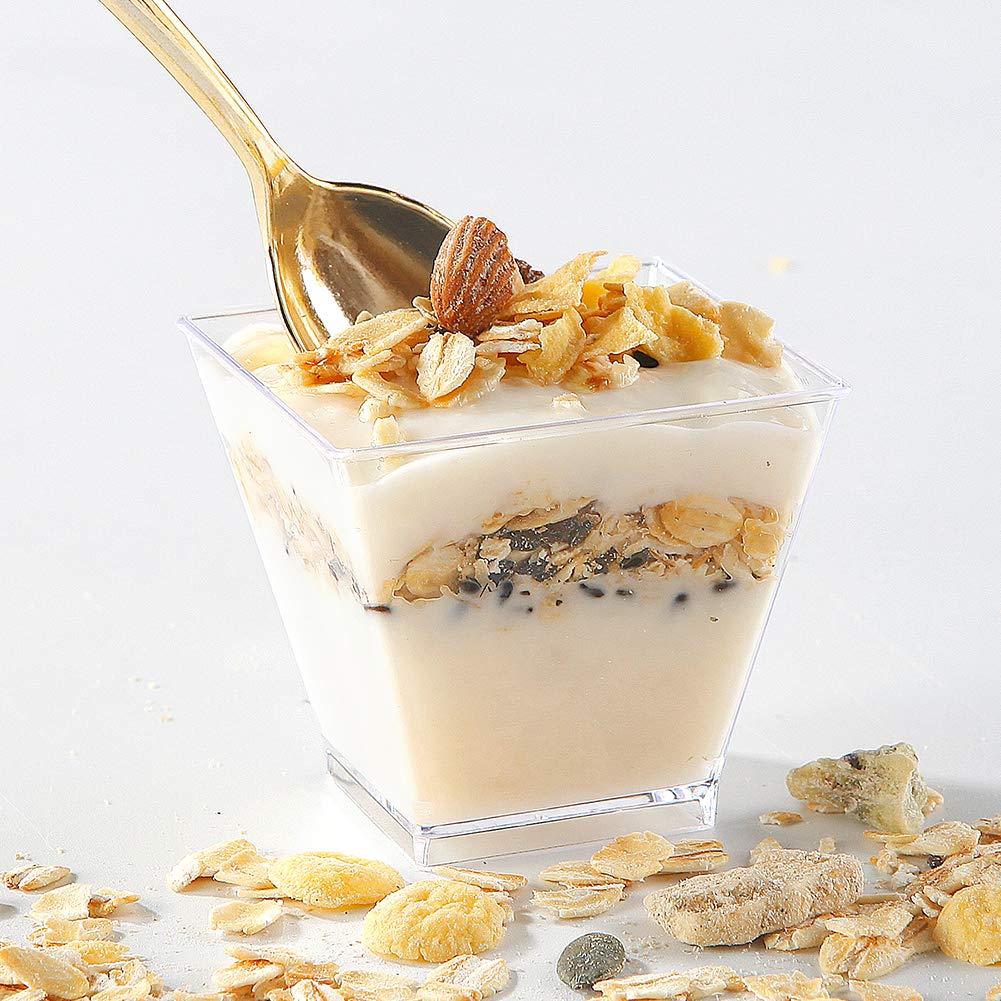 Premium 2oz Square Plastic Mini Dessert Cups with Gold Spoons - 100pcs Cups & 100pcs Spoons - Elegant Parfait & Appetizer Serving Set - Perfect for Birthday Parties, Weddings, Baby Showers & Catering Events - Ideal for Ice Cream, Yogurt, Mousse & Small Bites Presentation