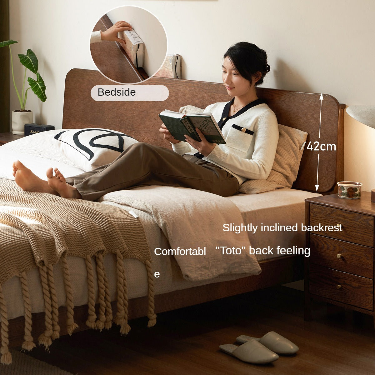Solid Oak Wood Nordic Modern Bed - Minimalist Scandinavian Style Bedroom Furniture for Home Decor & Cozy Sleeping