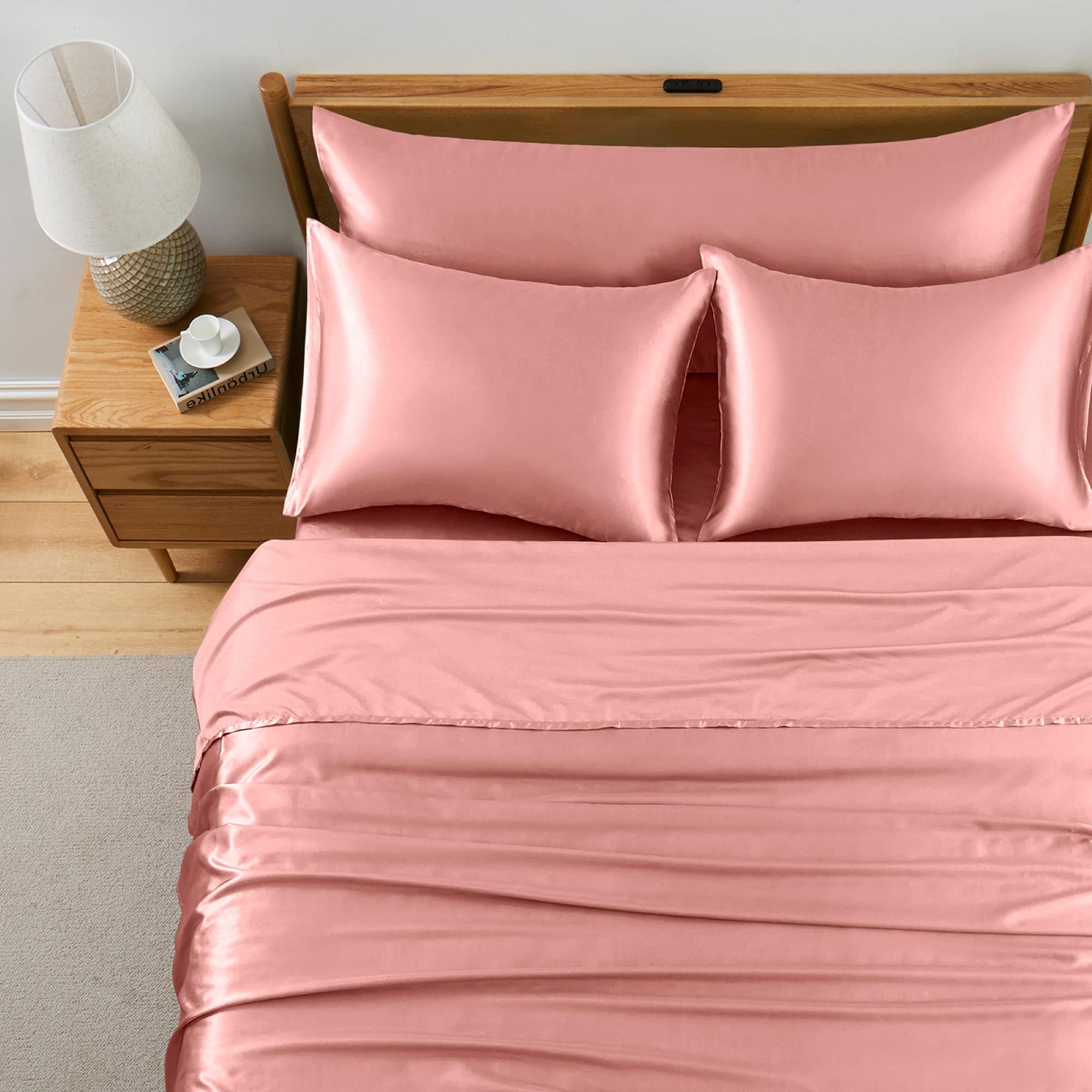 Entisn 7Pcs Rose Gold Split King Sheets Set for Adjustable Beds - Silky Satin Luxury Hotel Bedding, Ultra Soft & Breathable (2 Fitted Sheets, 1 Flat Sheet, 4 Pillowcases) - Perfect for Master Bedroom, Guest Room & Luxury Home Decor