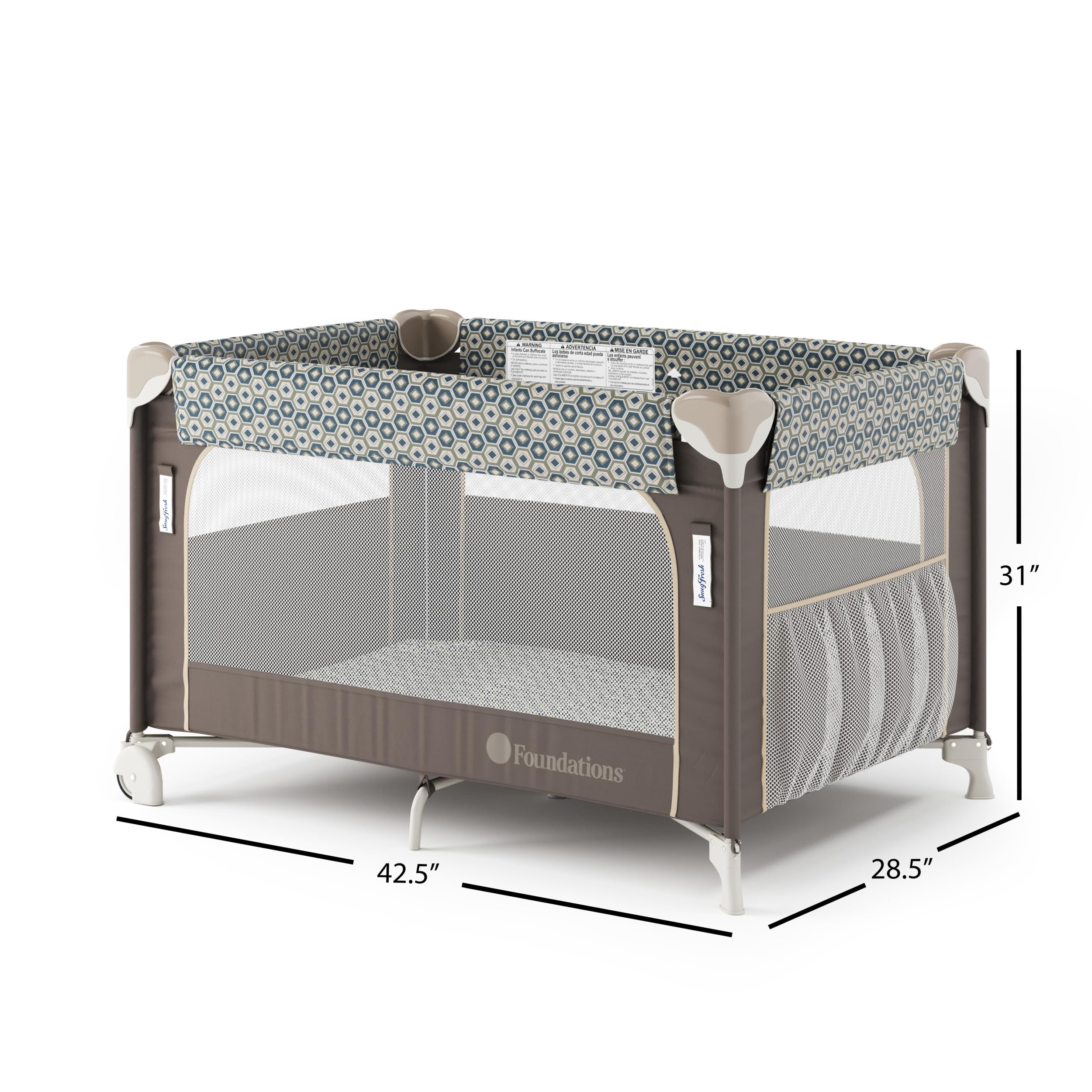 Foundations SnugFresh Elite Baby Play Yard with Wheels - Portable Playpen for Toddlers & Infants | Washable Cover, Foldable Design & Travel Mattress Included | Perfect for Home, Daycare & Travel - Sahara