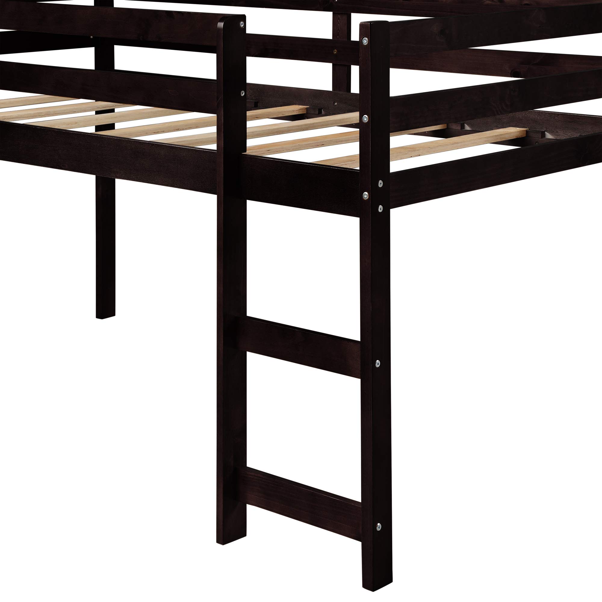 Kids Wooden Loft Bed with Slide & Ladder - Twin Size Low Loft Bed Frame with Safety Guard Rails in Espresso Finish | Perfect for Small Bedrooms, Playrooms & Space-Saving Kids' Furniture