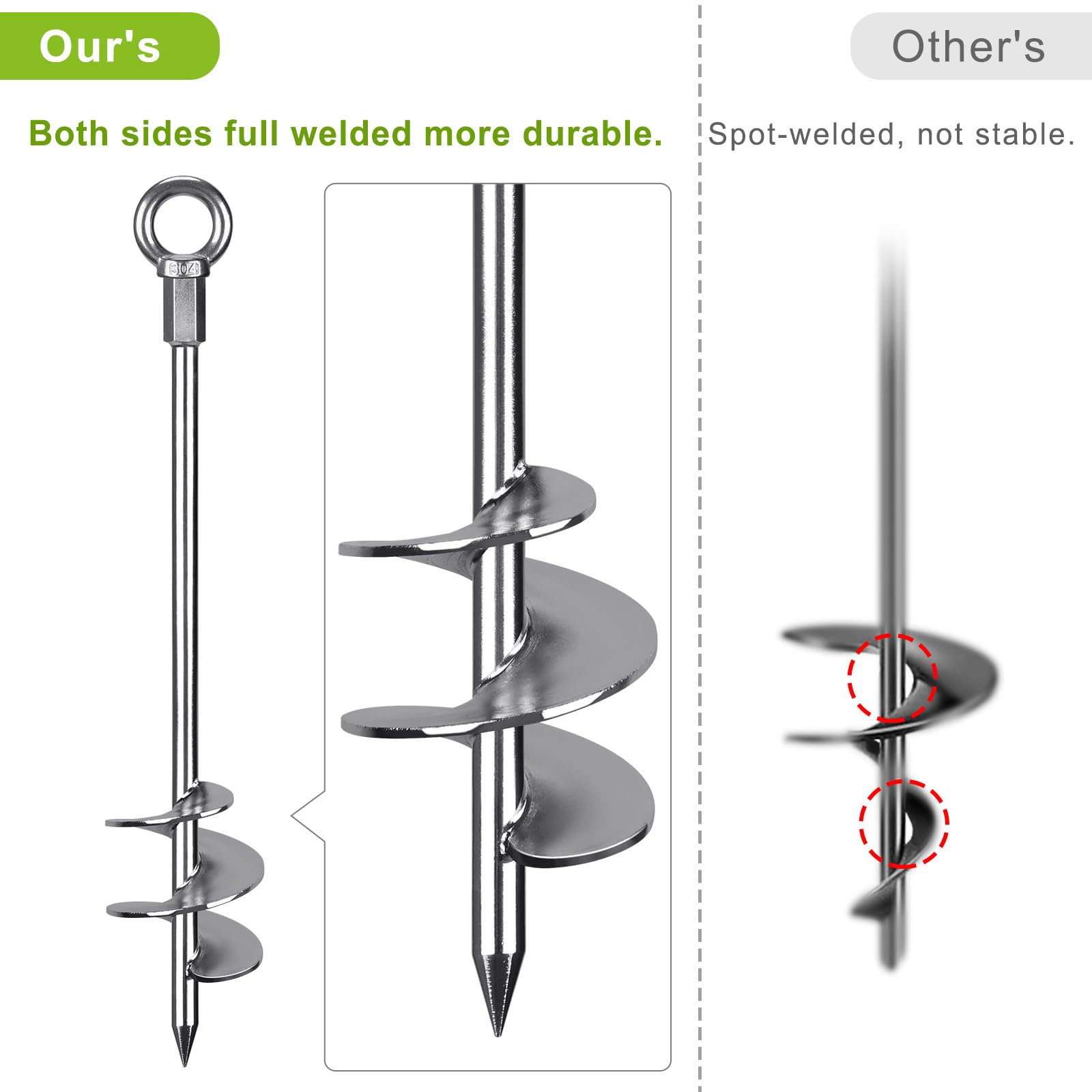 18'' Heavy Duty Fully Welded Screw-in Ground Anchors - 2 Pack Wide Spiral Earth Anchors for Swing Sets, Trampolines, Sheds & Mobile Homes - Wind Resistant Outdoor Anchoring System for Secure Stabilization in All Weather Conditions