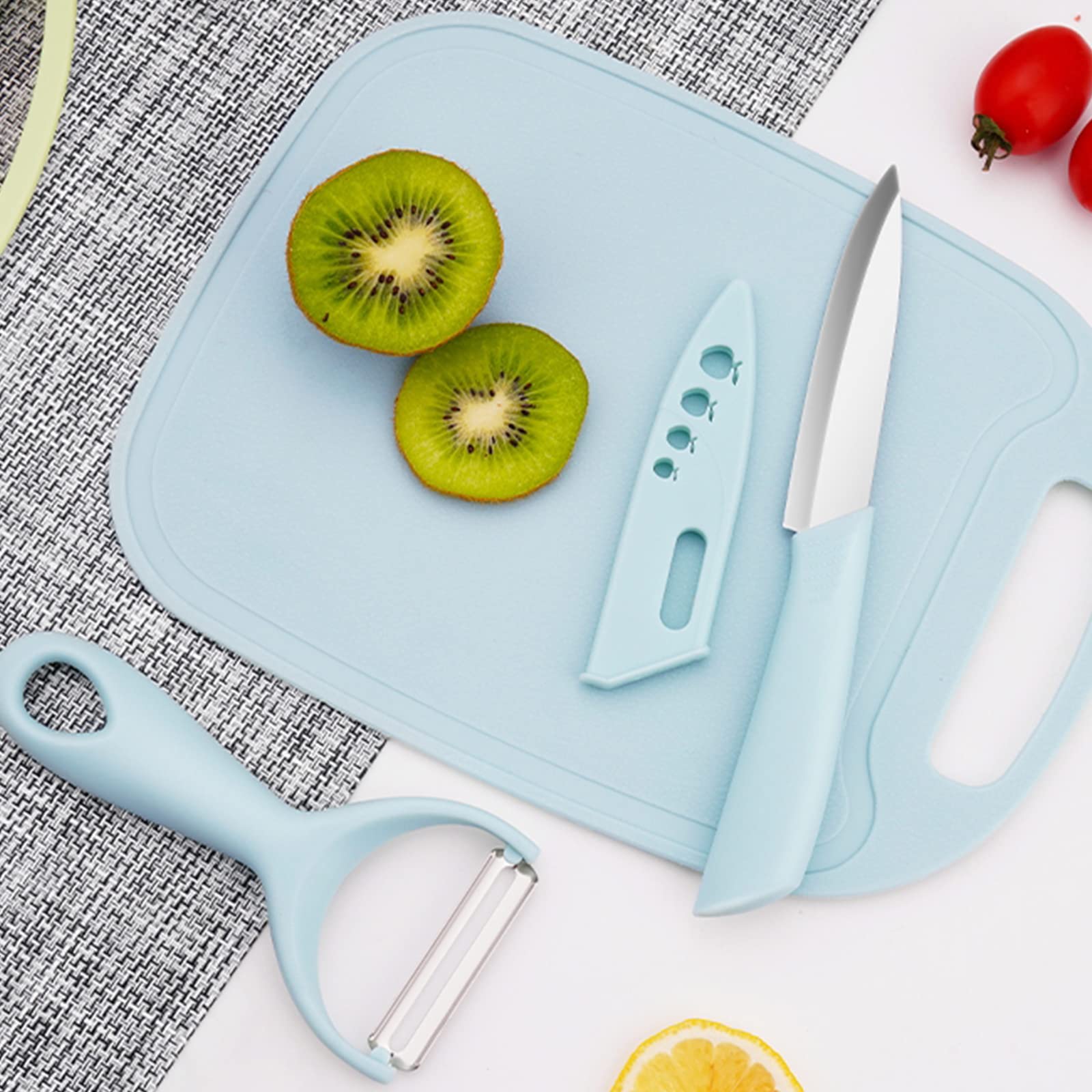 Wolpin 3-Piece BPA-Free Plastic Cutting Board Set for Kitchen - Large Chopping Boards for Vegetables, Fruits & Cheese with Knife & Peeler - Eco-Friendly, Anti-Microbial (25x18cm) - Perfect for Meal Prep, Cooking & Entertaining