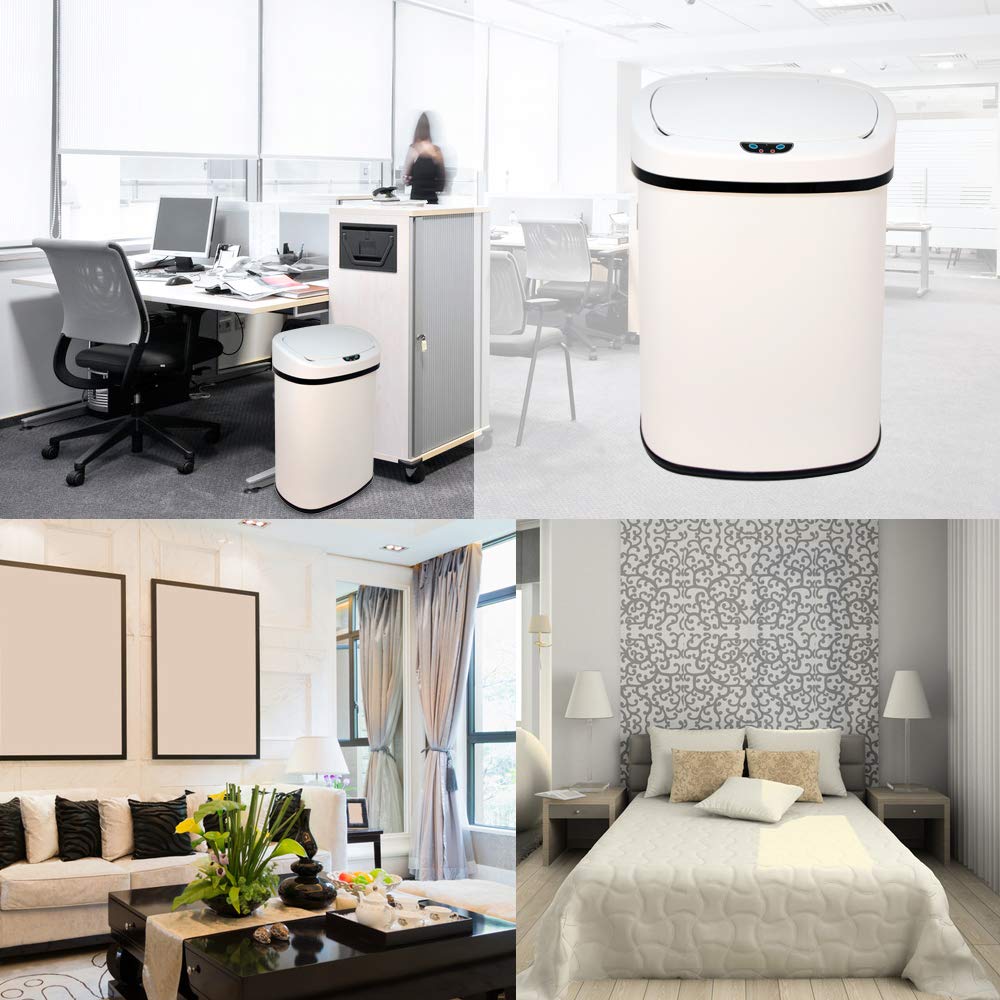 Automatic Touchless Stainless Steel Trash Can with Lid - 13 Gallon Sensor Kitchen Garbage Bin, Hands-Free Motion Sensor Waste Basket for Home, Office, Bathroom & Bedroom - Battery Powered, White - Perfect for Hygienic Waste Disposal in Kitchens, Bathrooms & Offices